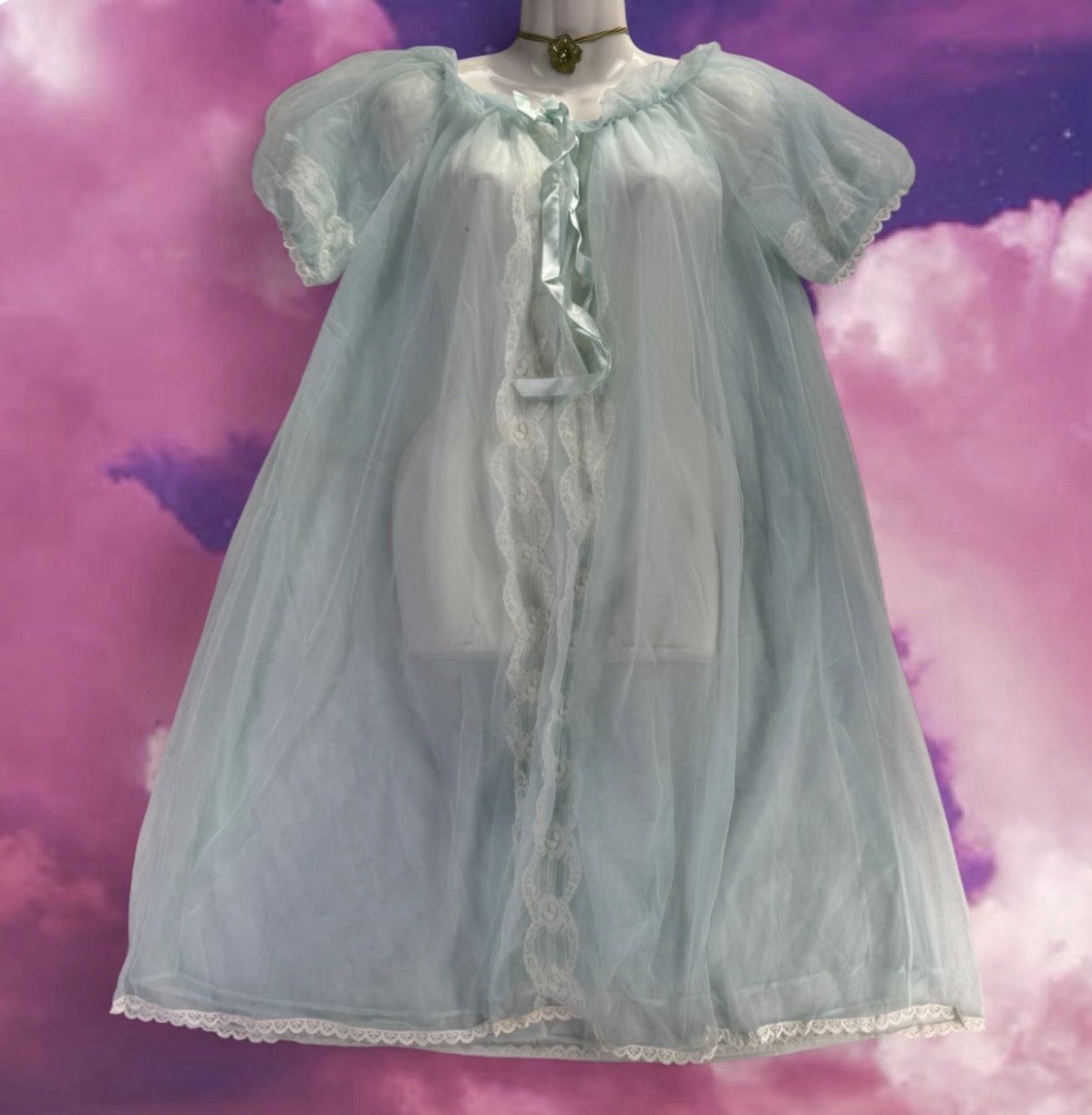 1950s Radcliffe Nightgown Robe Slip Chiffon Lace Satin Peignor Blue Nighty Sz M
