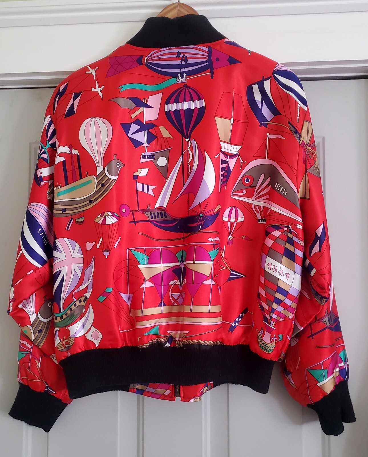 Rare Vintage 80s Angela Tong Satin Bomber Hip-Hop Jacket Red Balloon Print Large