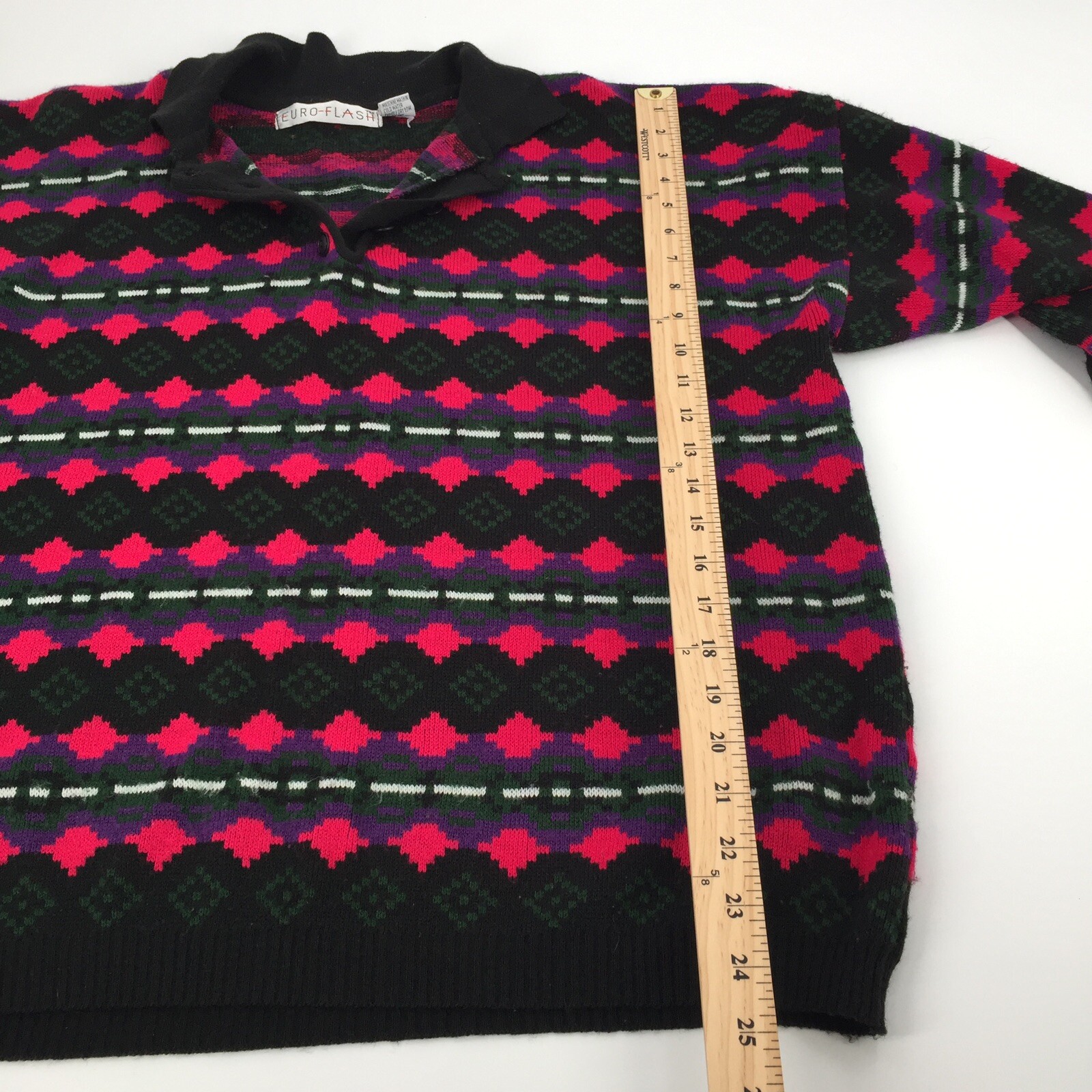 Vintage Euro Flash Collared Pullover Knit Sweater One Size M L Womens Pink Black