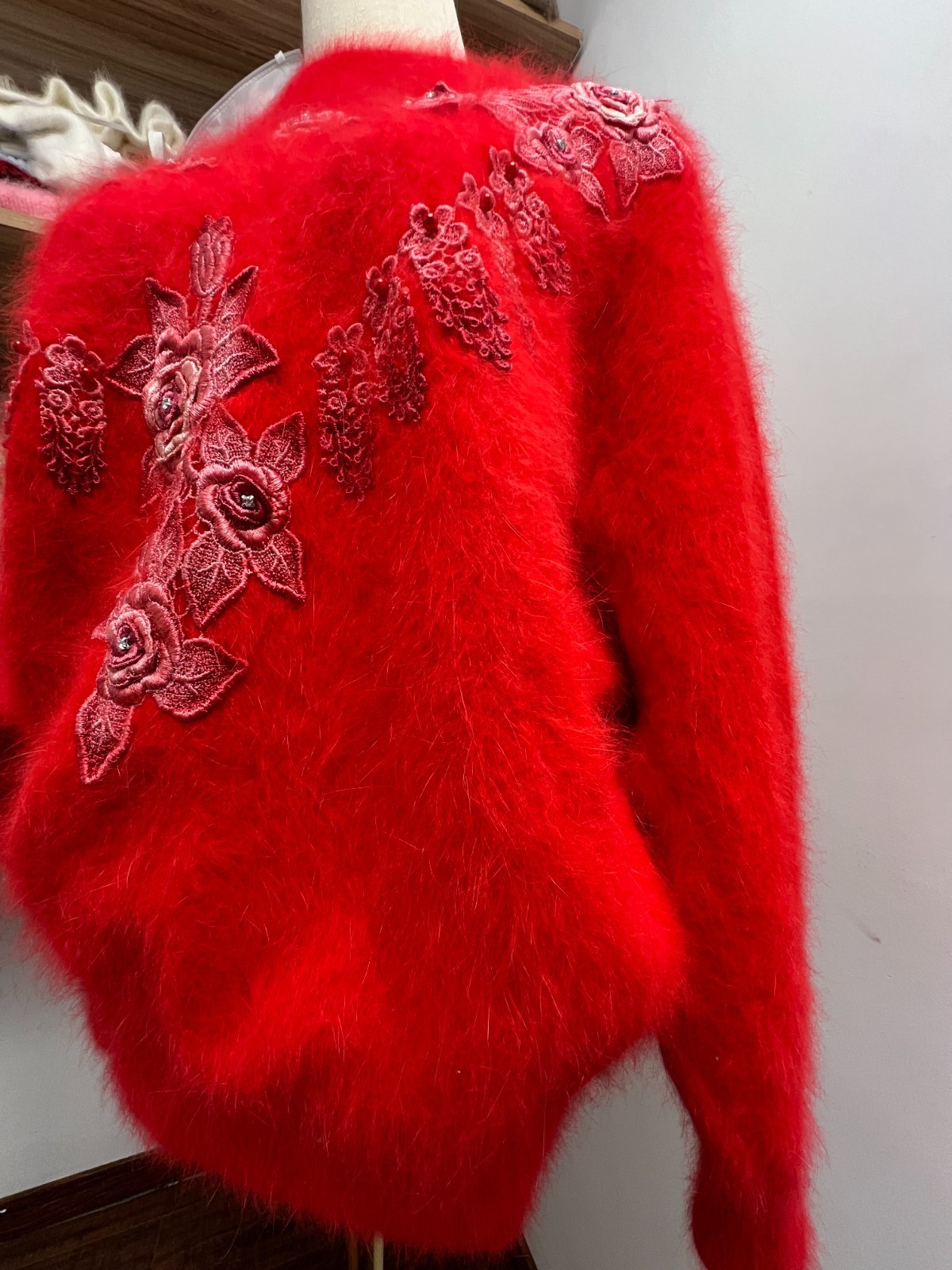 80% Angora Sweater Red Floral Embroidered Front Soft Fuzzy Knit Pullover