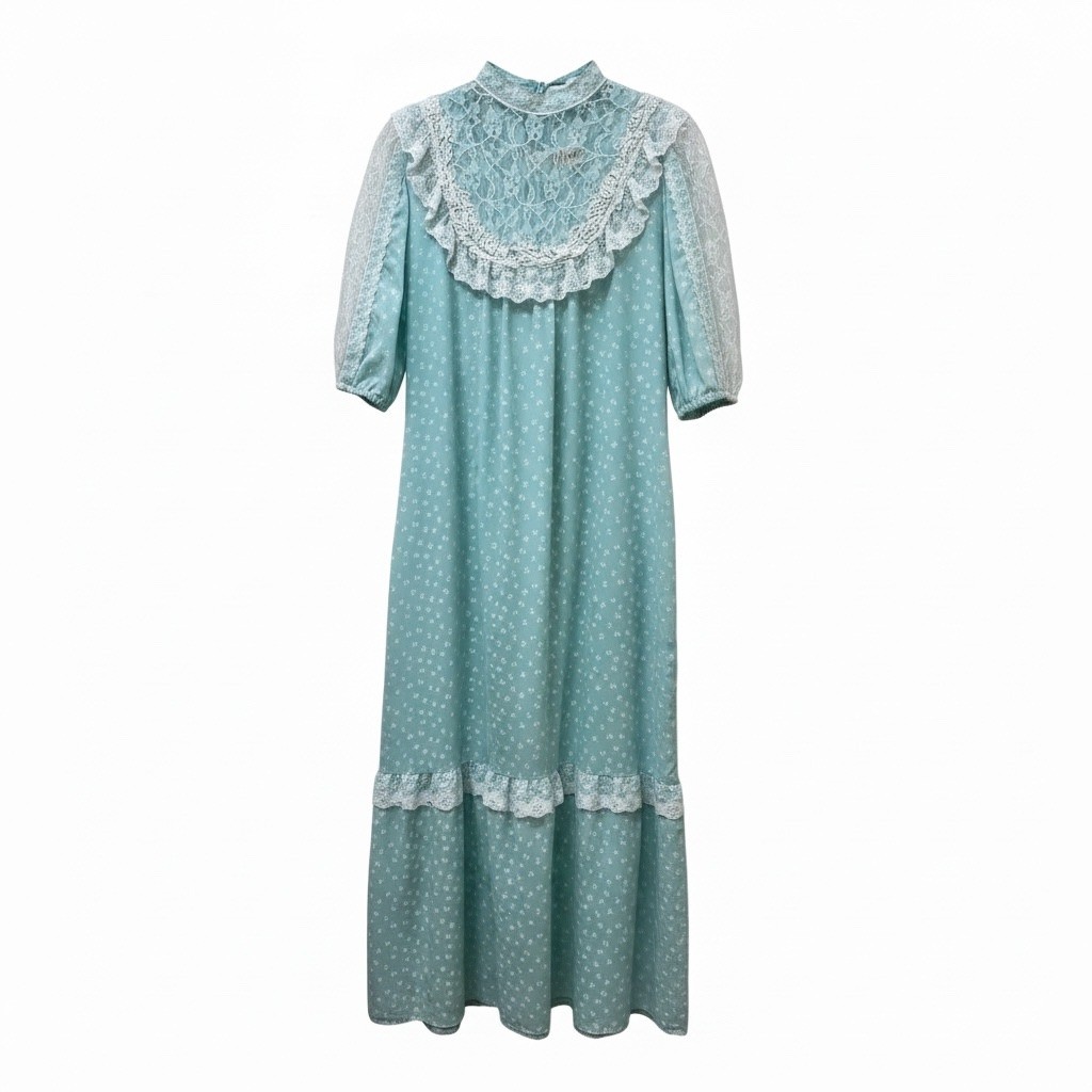 Carol Bennett Hawaii Vintage Blue Bow Print Lace Ruffle Maxi Dress 70s Prairie