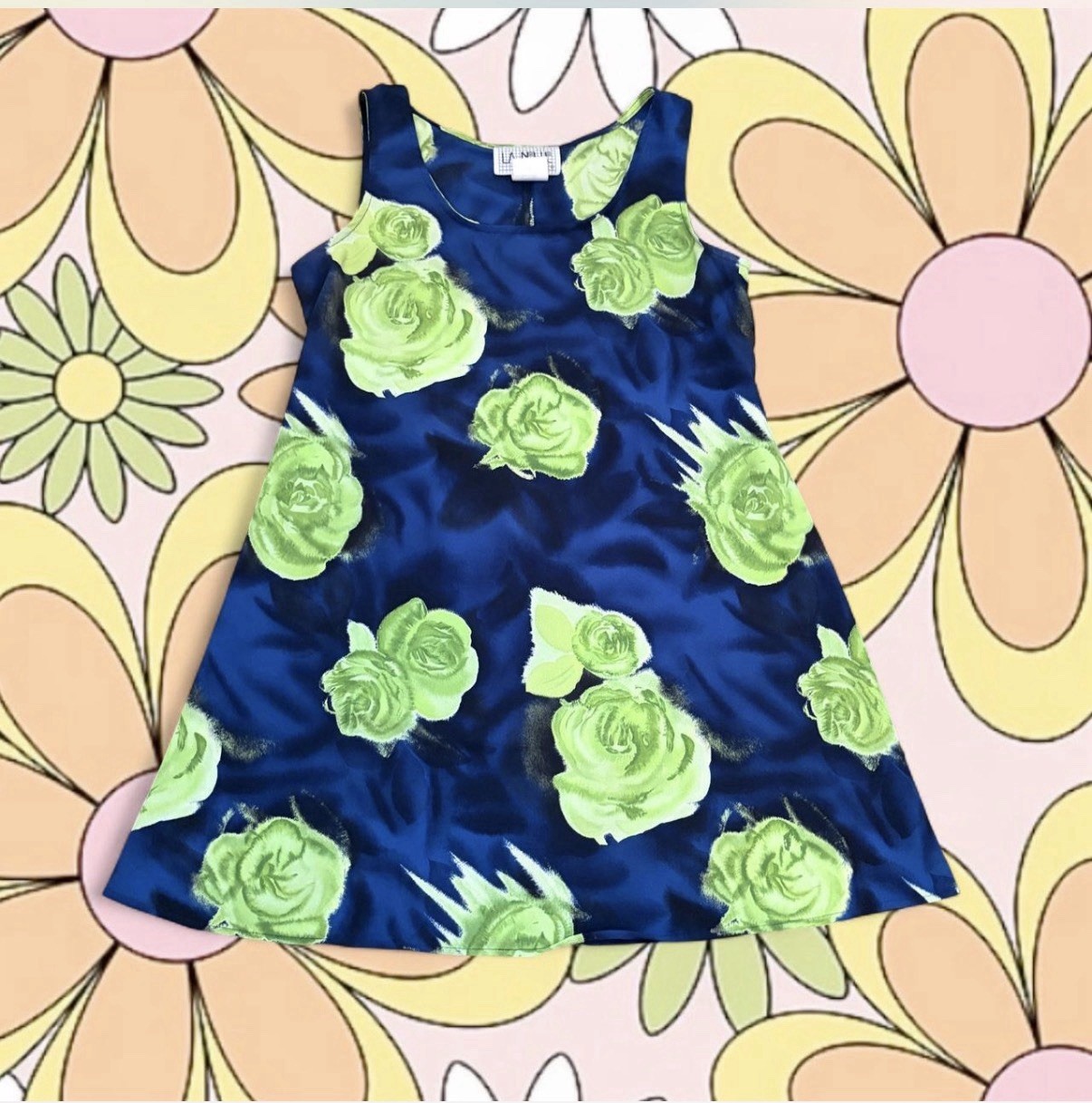 Vintage 90s La Belle Blue And Neon Green Floral Dress Size M