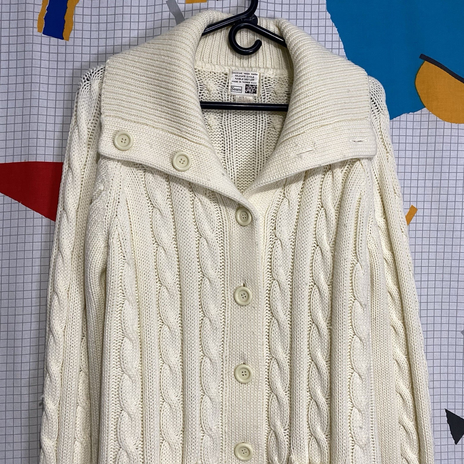 Vintage 70s Sears Cardigan Cable Knit Shawl Larg Sweater Fisherman Ivory Grandpa