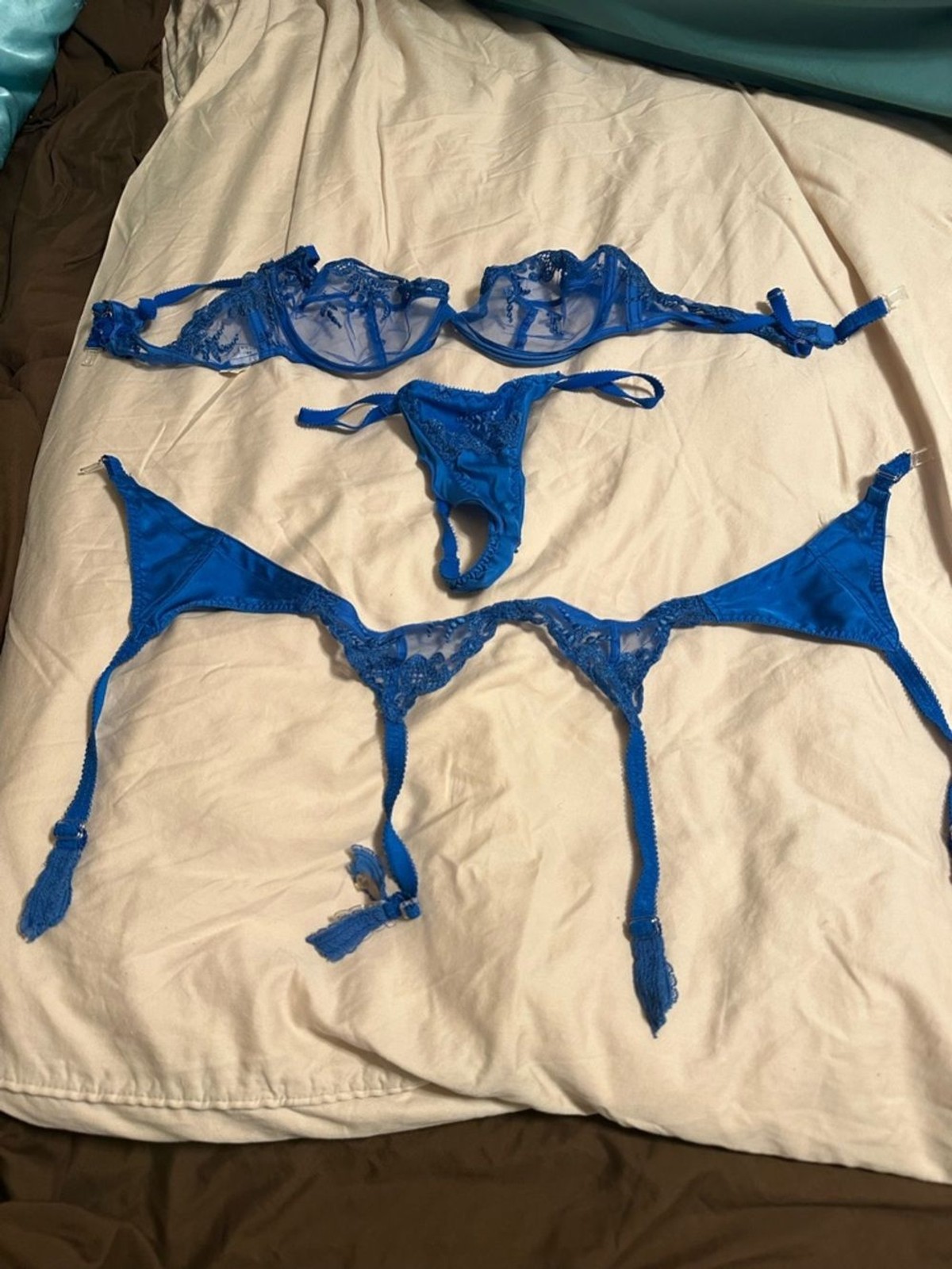 Vintage Jeune Europa Sheer Lace Bra/Silk Thong & Garter Set Cobalt Blue