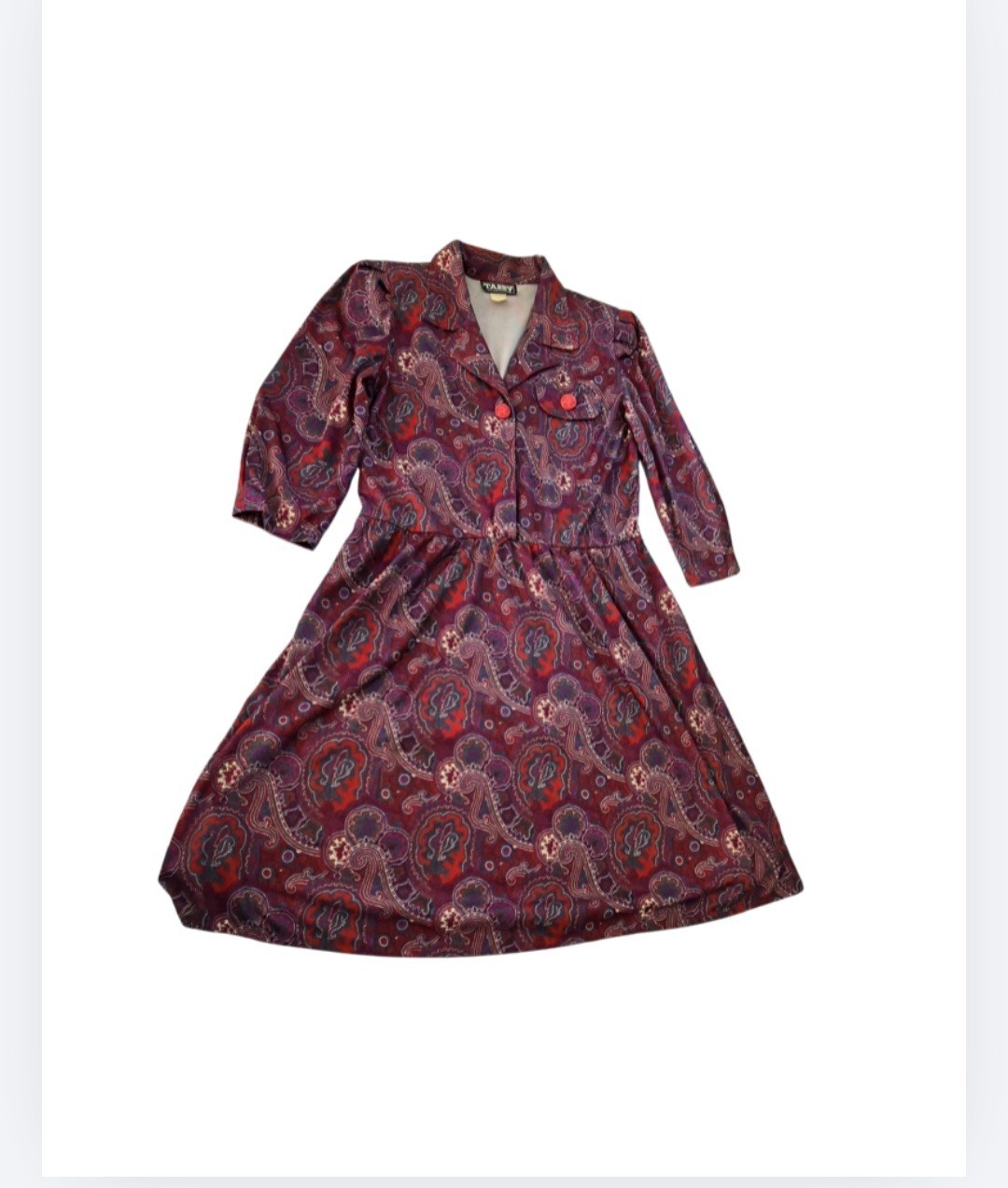 Vintage 70s Tabby of California Dress Size 12 Paisley Shirtdress Shoulder Pads