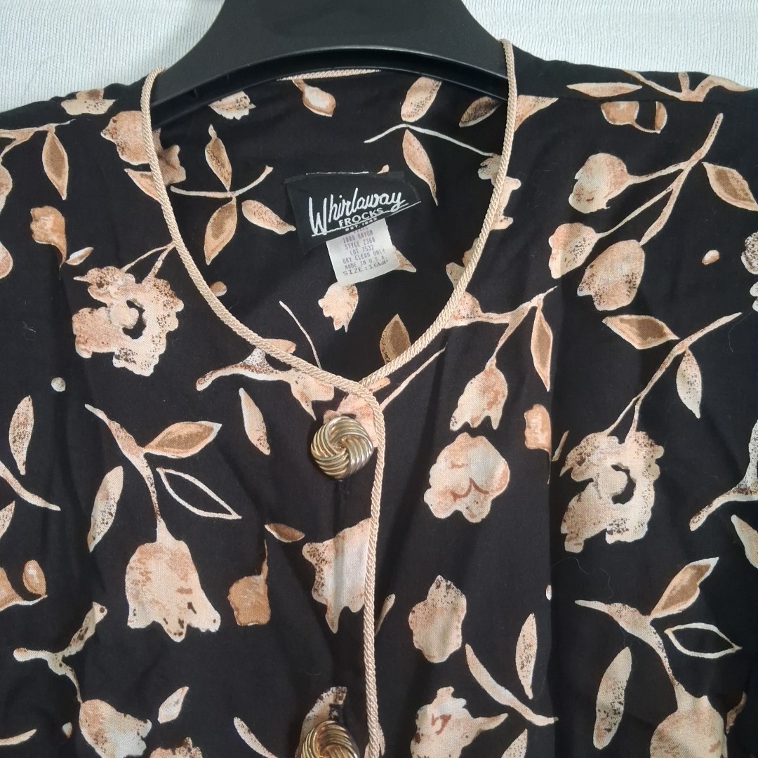 VTG Whirlaway Frocks Rayon Skirt Set Floral Black Tan Made in USA Size 16WP