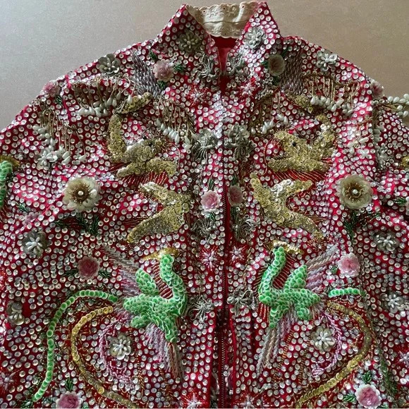 Vintage Custom Handmade Fully Beaded Sequined Traditional Chinese Wedding Dress