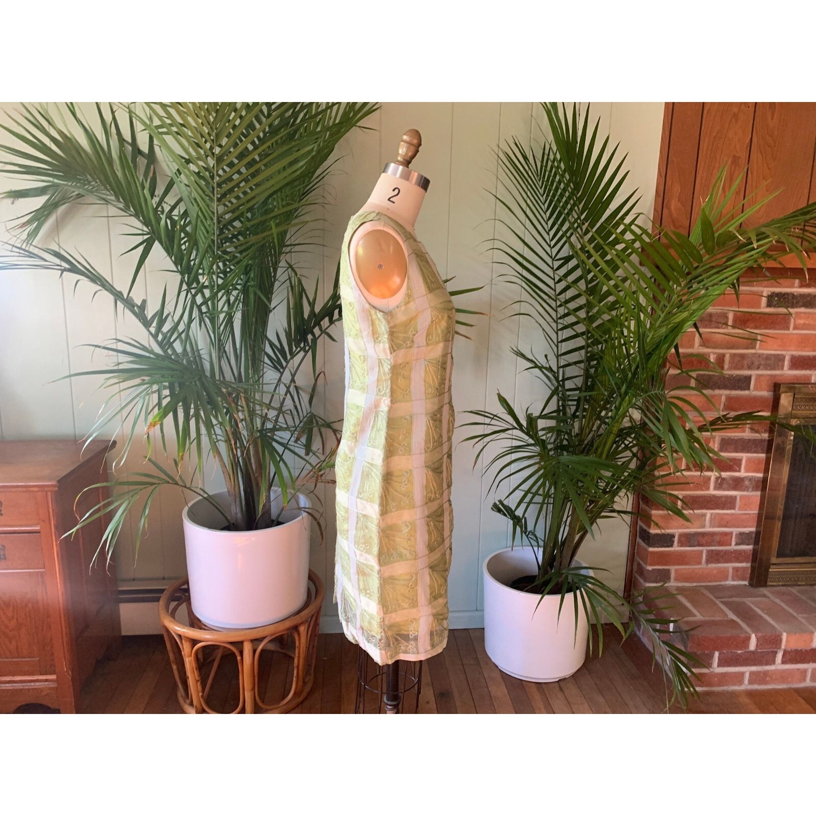 Vintage 1960s Chartreuse Green Silk Sheer Embroidered Organza Sheath Dress