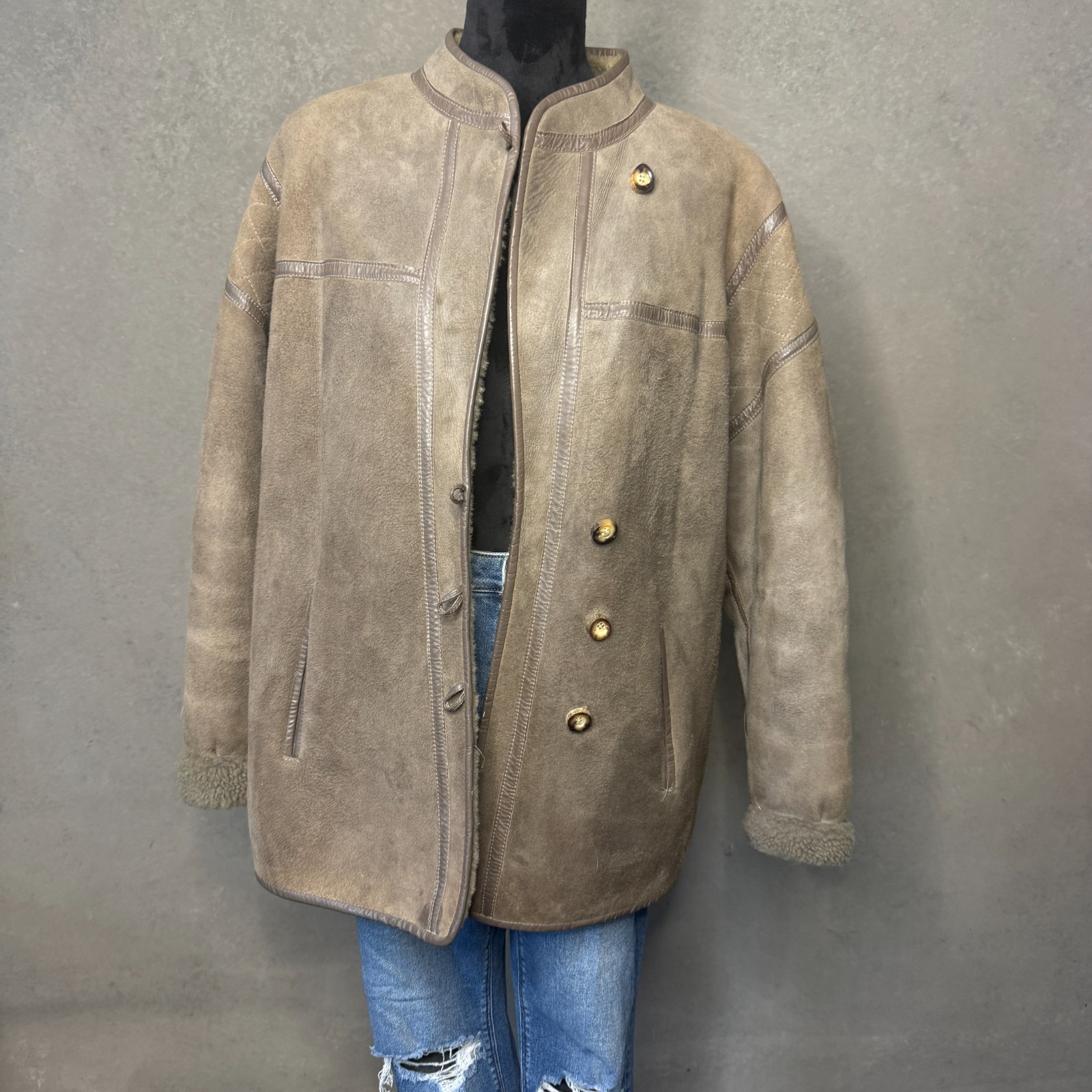 Wallace Sacks Furriers Vintage Sheepskin Shearling Coat England UK 16 EU 42