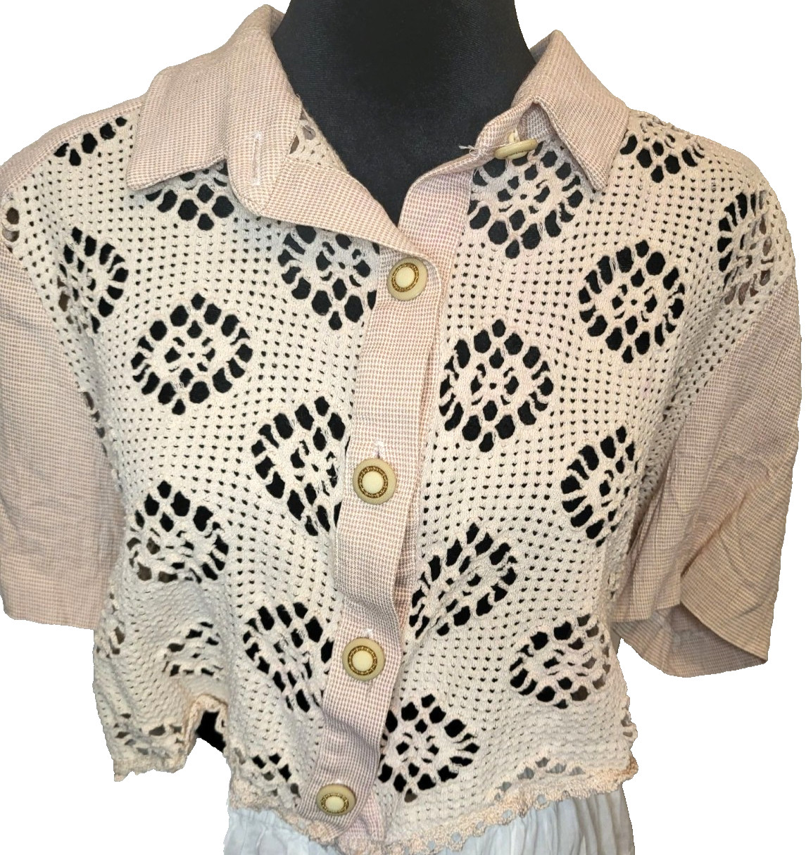 Vtg 90’s Pink White Gingham Crochet Cropped Button Up 16 Cottage Fairy Coquette