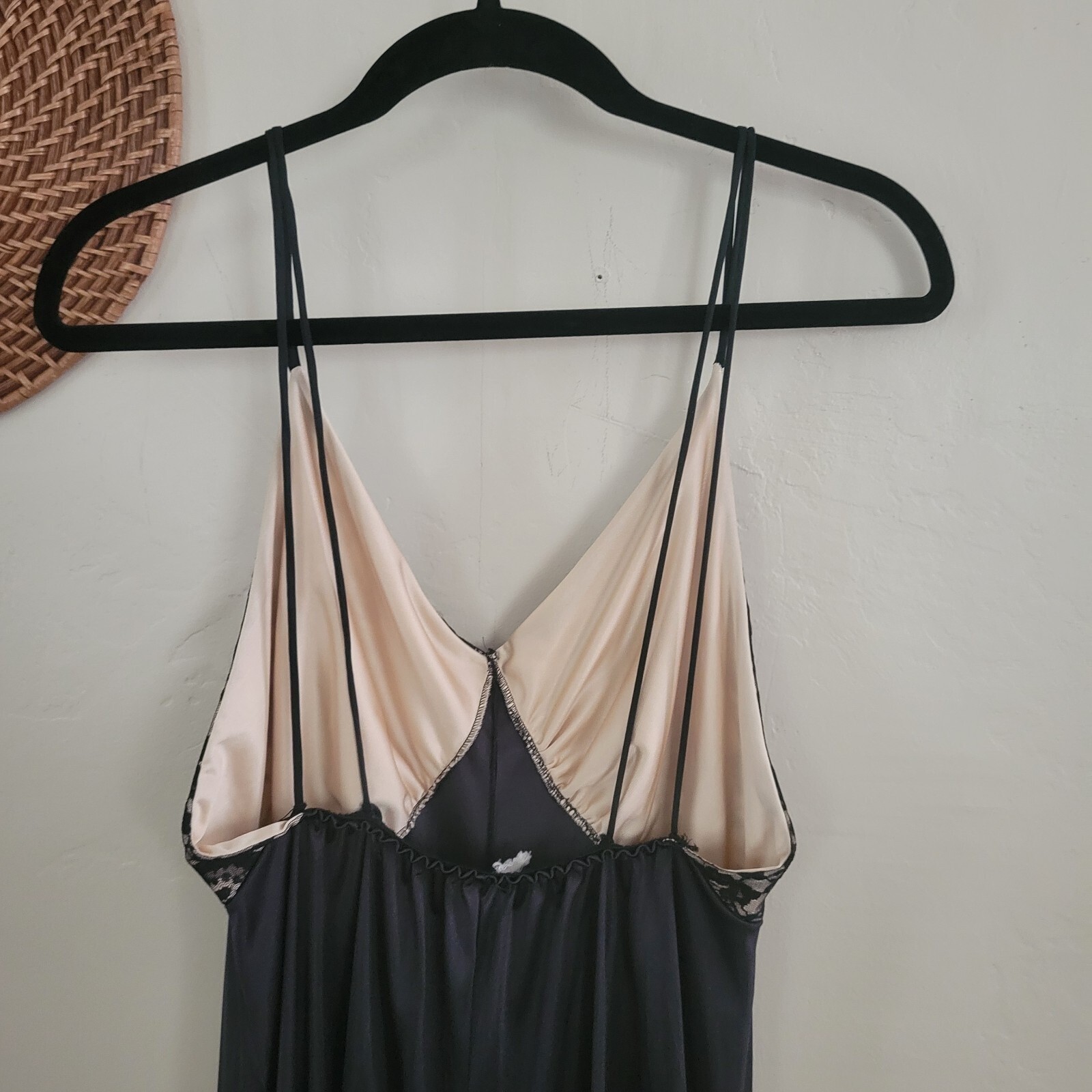 Vintage Black Satin Lace Trim Maxi Slip Dress Nightgown Multi-Strap Back V-Neck