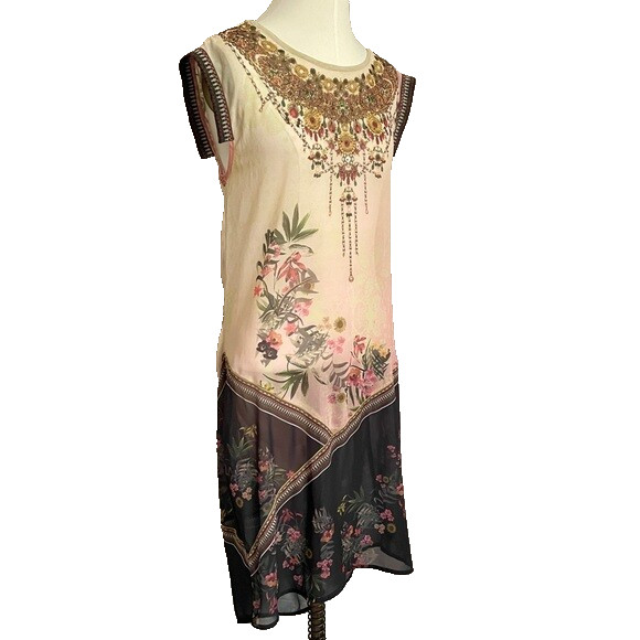 Desigual Elo Sheer Floral Chiffon Flapper Bejeweled Neckline Knee Dress – Small