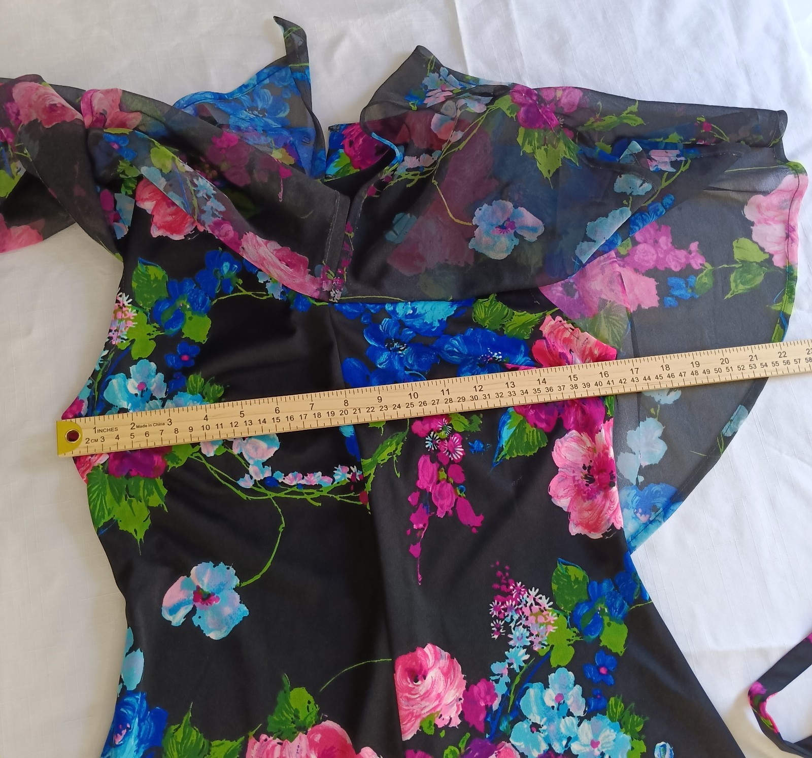 Vintage Floral Cape Sleeve Secretary Dress Black Pink Blue Chiffon Belted Sheer