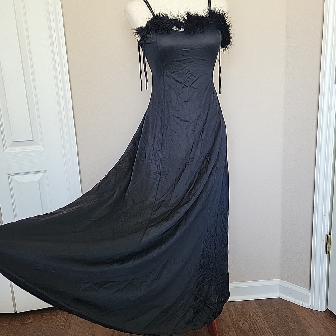 Vtg Pandora Lingerie Full Sweep Maxi Slip Dress Sz S Black Faux Fur Trim 50s 60s