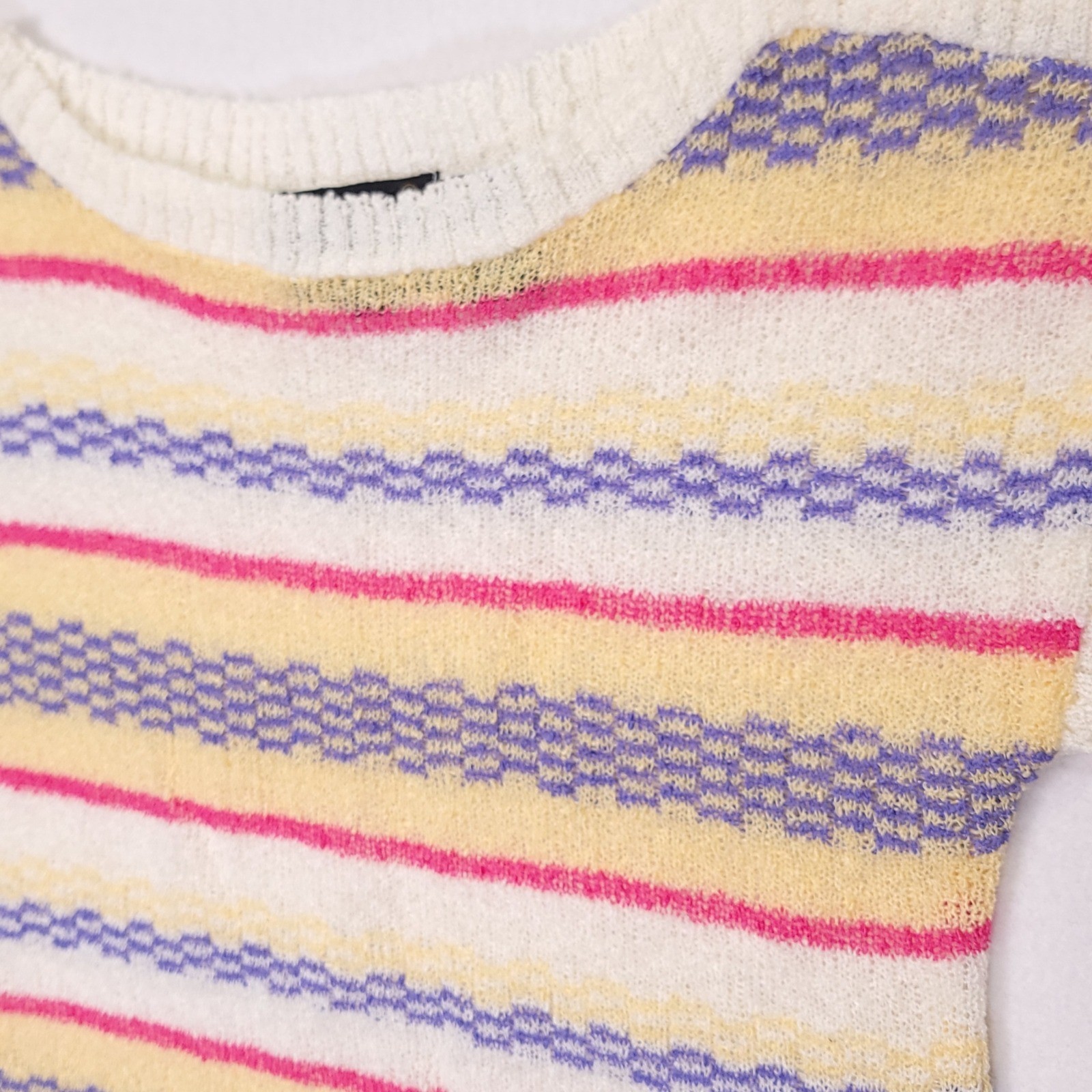 Cadogan Court Sportswear Vintage Knit Striped Short Sleeve Top White Pink Medium