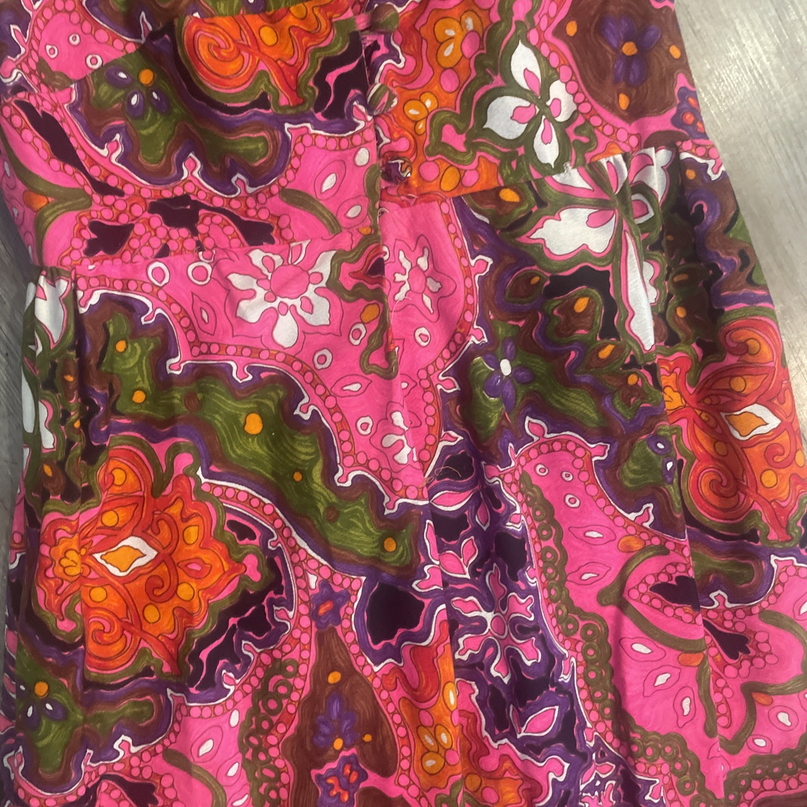 Vtg Sleeveless Maxi Dress Hot Pink Multicolor Psychedelic Print Barkcloth Lg