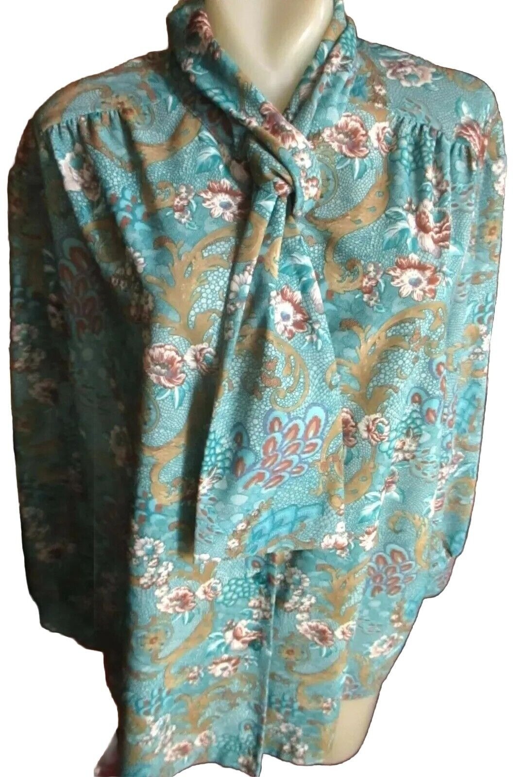 True Vintage Women’s Secretary Blouse XL 80s Graff Turquoise Paisley Tie-Neck