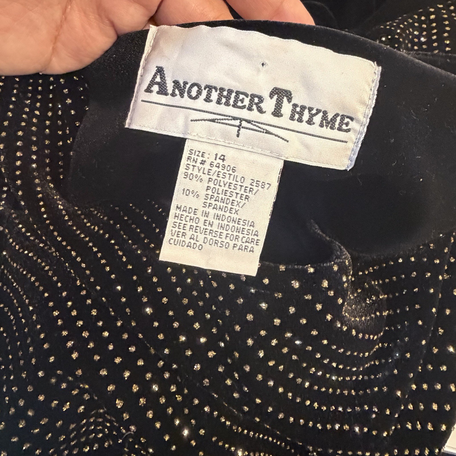 Vintage Another Thyme Black Velvet Maxi Dress Size 14 Gold Glitter Dots Tie Back