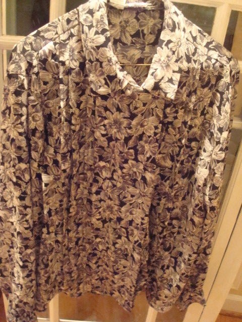 Vintage 70’s Black Gray Taupe Flowered Blouse Anne Klein Sz 16
