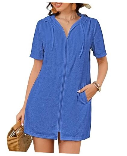 Terry Cloth Cover Up – Women 2025 Zipper Swimsuit Coverup Hooded XX-Large Blue