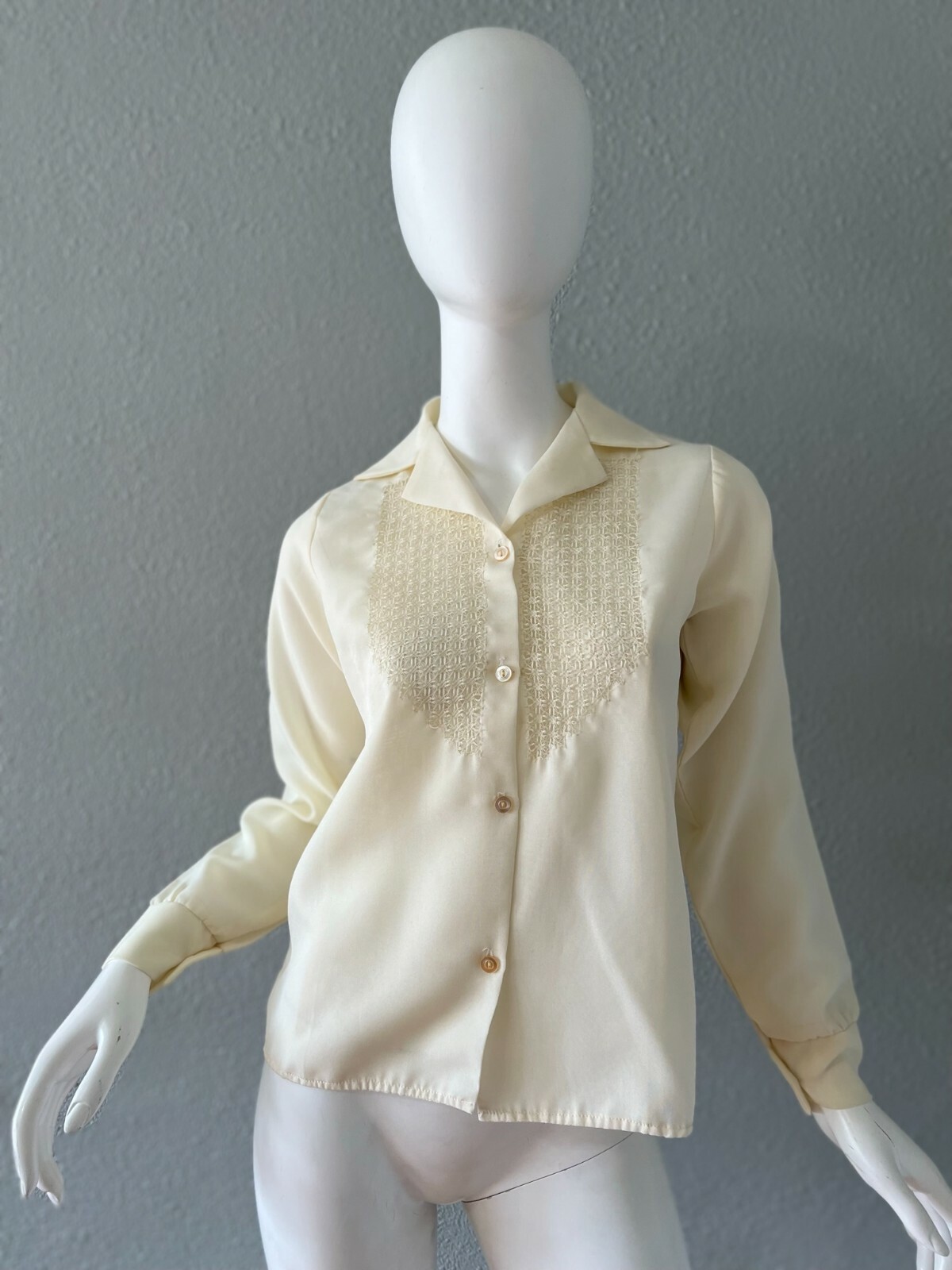 Vintae 70s Ivory Boho Semi Sheer Button Retro Disco Blouse Top S