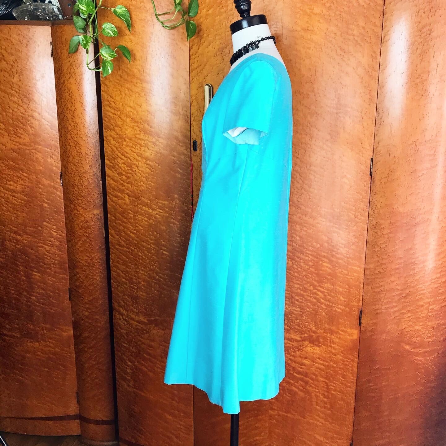 SILK LINEN 1960’s 60s Turquoise Blue Vintage Emma Domb Cocktail Easter Dress S M