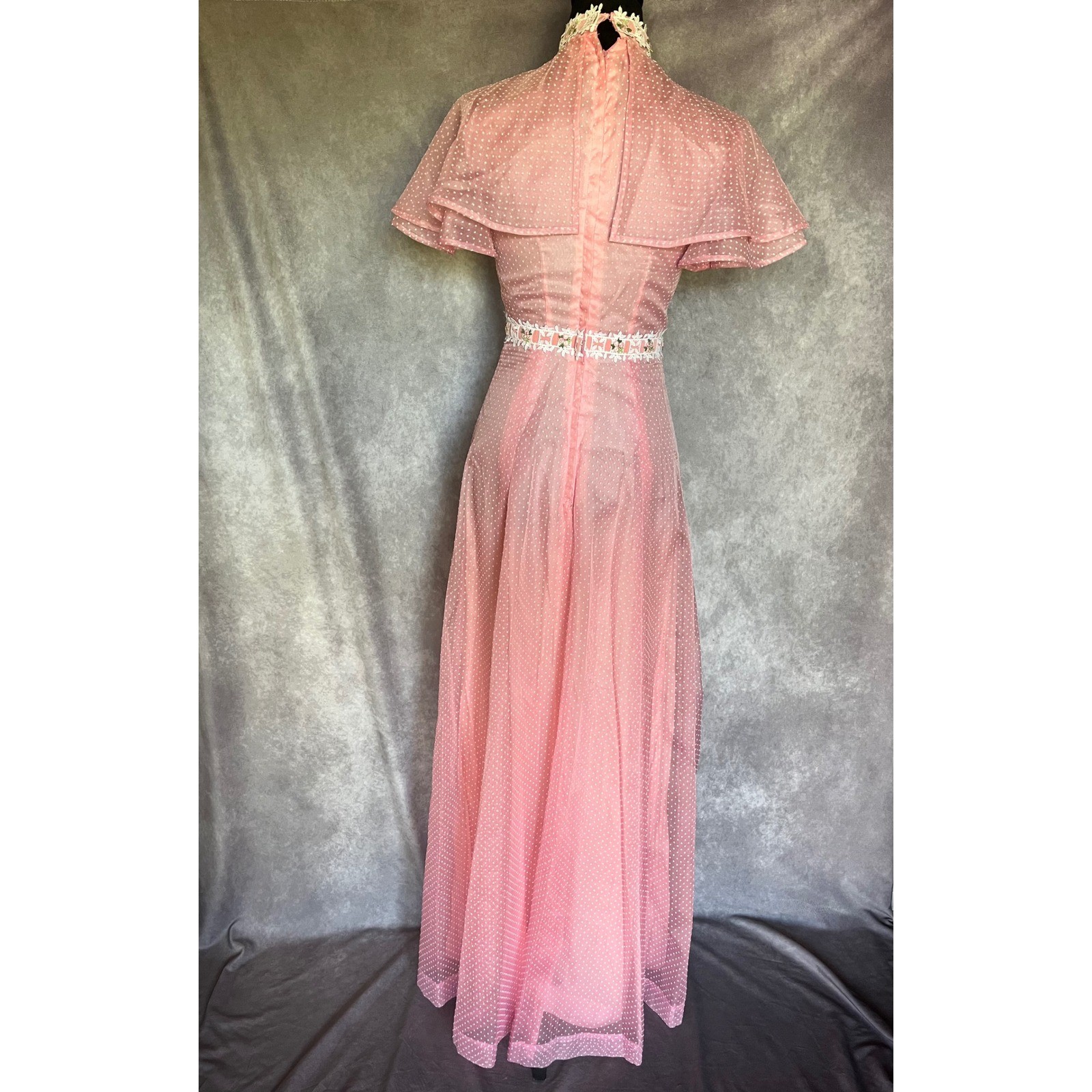 Vtg 50s 60s Pink Maxi Dress S Dotted Swiss Overlay Floral Lace Caped Gown MCM