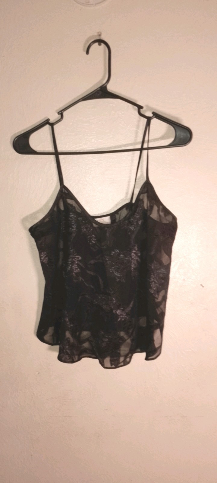 Vtg,90s,LA Intimates, sheer Black Camisole Satin Jacquard Poly/mesh Floral,Lg