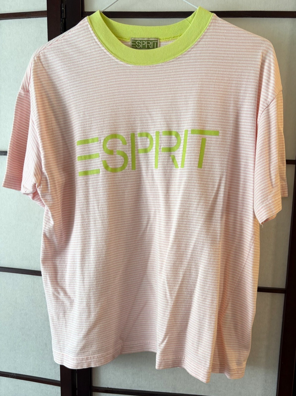 VTG Esprit Teen T-Shirt Logo Pink Striped Lime Trim Med 40 in. Chest Spelled Out