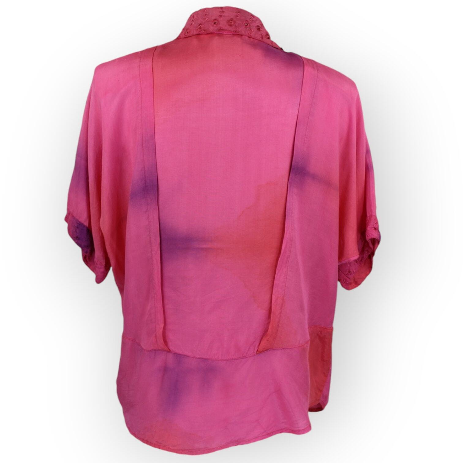 Vintage 80s Maharaj Blouse (S) Rayon FauxLeather Embroider Dyed S/S ButtonUp