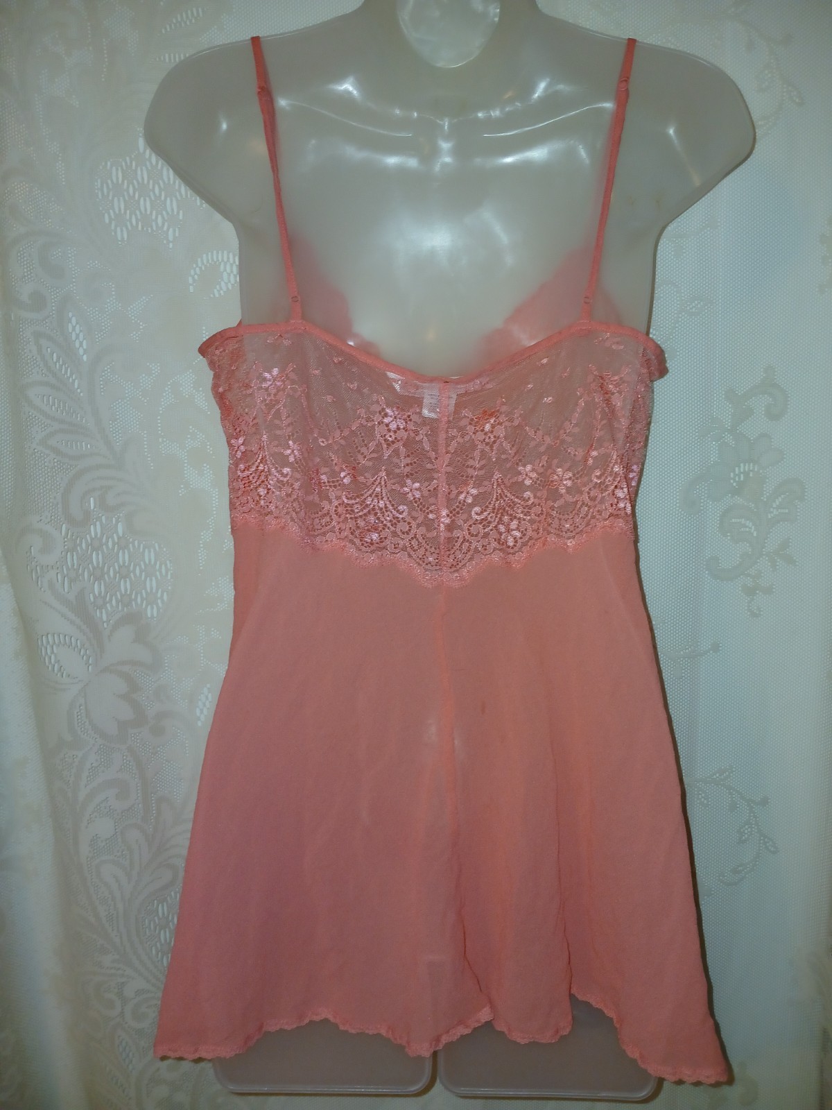 Vintage 90s Victorias Secret SILK Pink Chiffon Sheer Lace Babydoll Nighty L