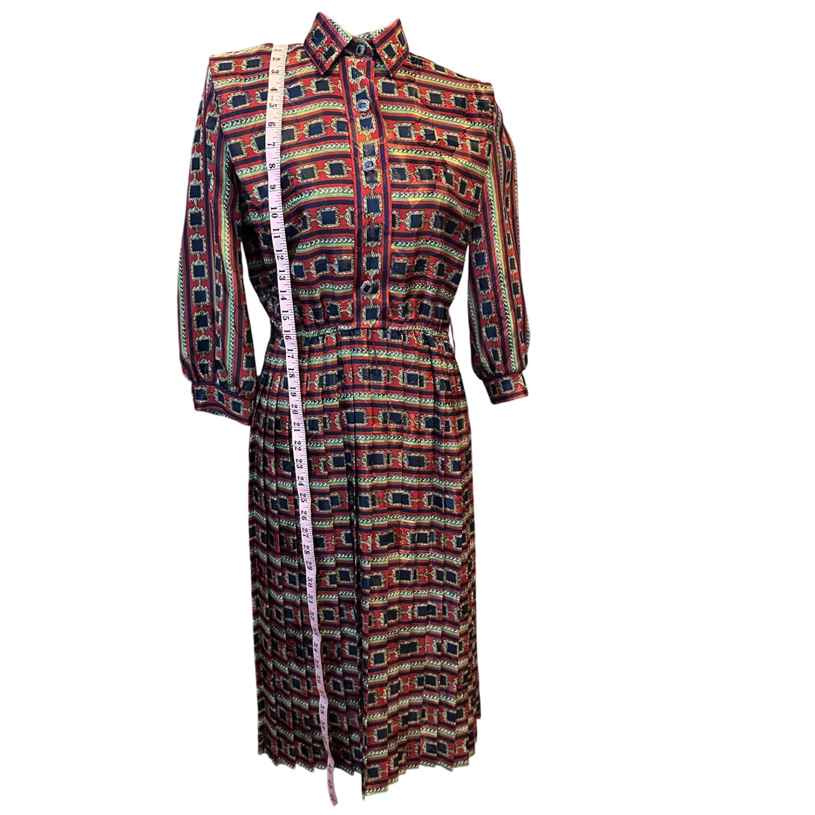 Lady Carol Petites Small Vintage 80s Pleated Midi Dress Red Navy Geometric