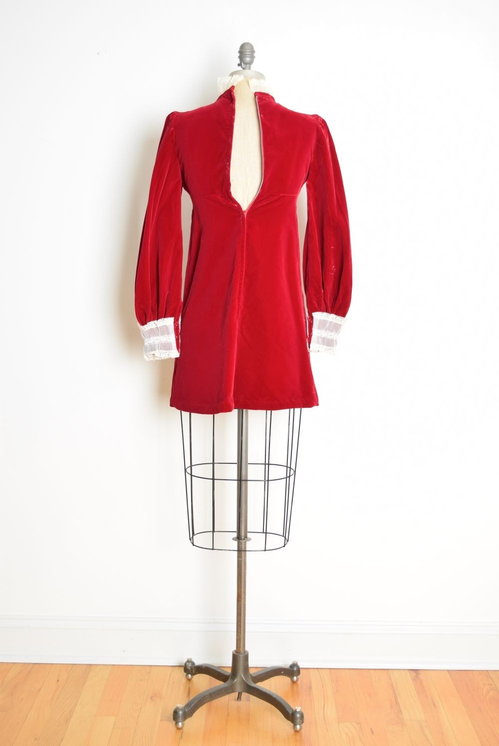 vintage 60s tuxedo dress red velvet puff ruffle babydoll mod twiggy mini XS