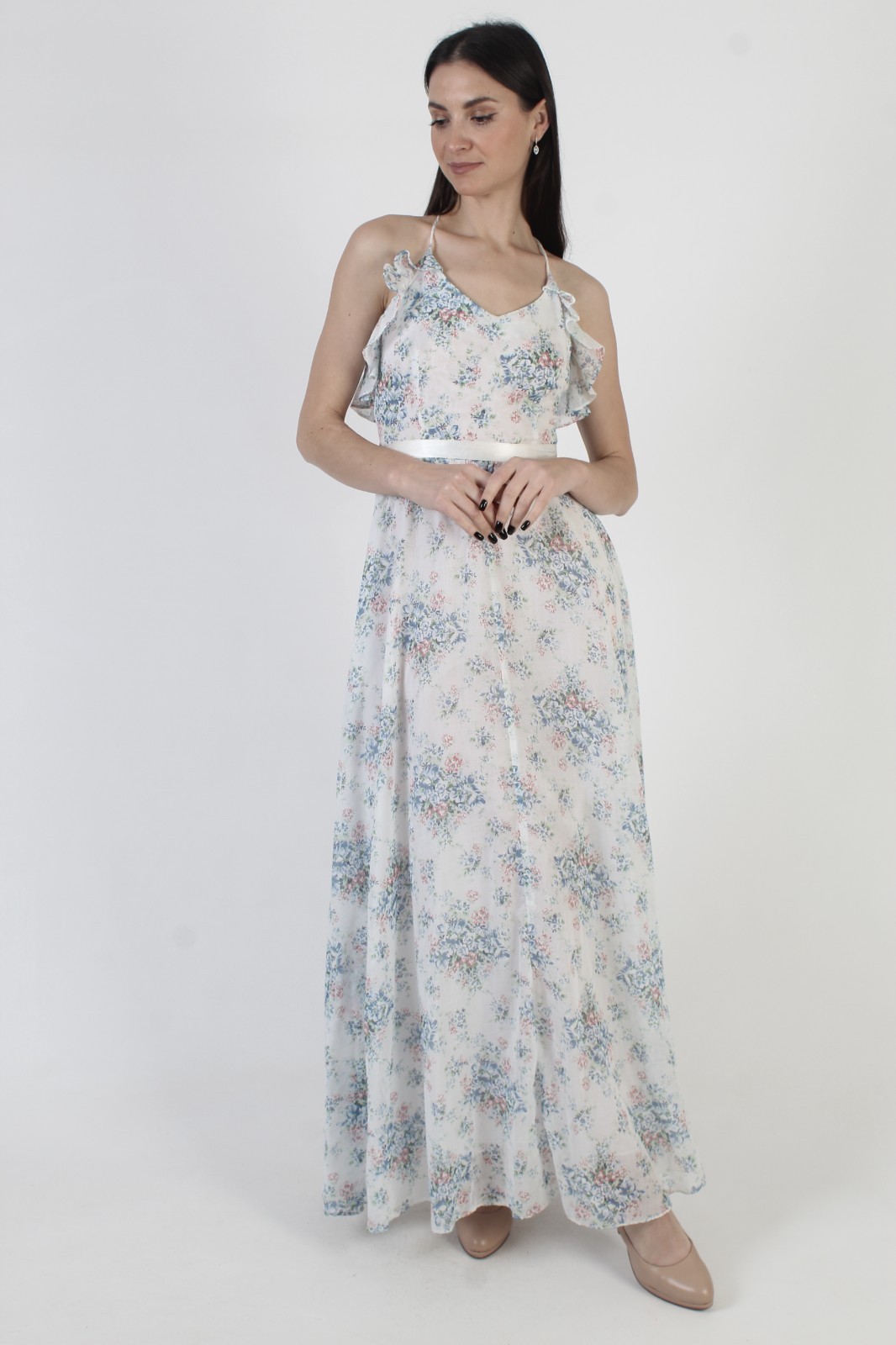 Vtg Off White Prairie Sundress Open Back Spaghetti Strap Cottage Boho Maxi Dress
