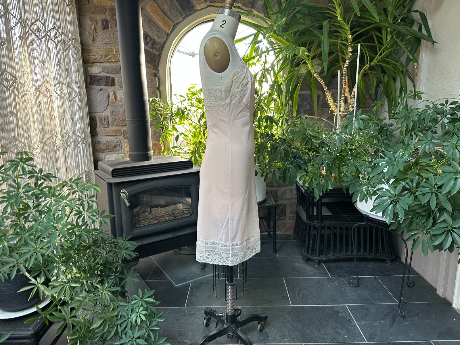 Vintage 1960s Peach Nylon Ivory Lace Slip Dress Crepelon Vassarette