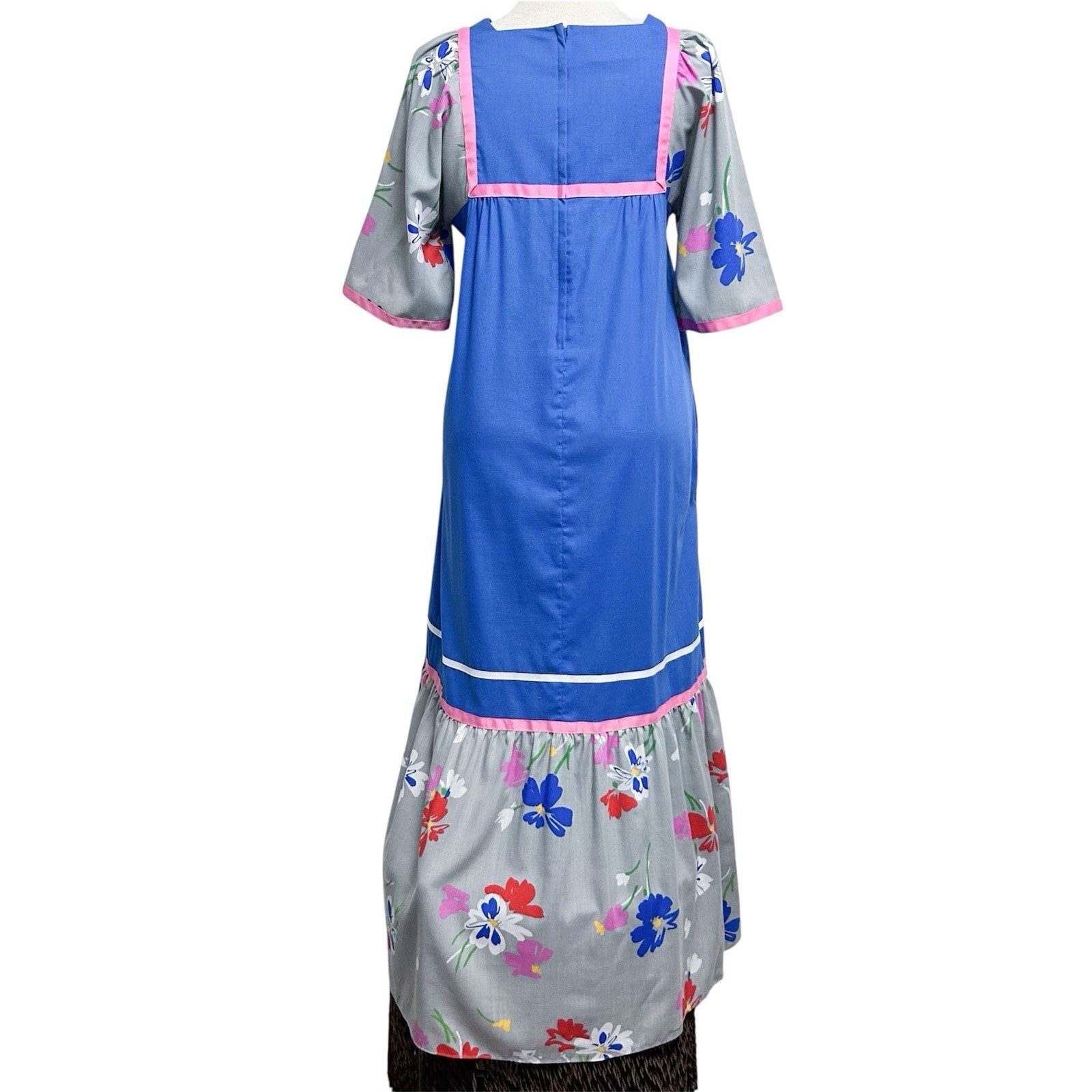 Carol Bennett Vintage Blue Grey Pink Floral 1/2 Puff Sleeve Long Mumu Medium