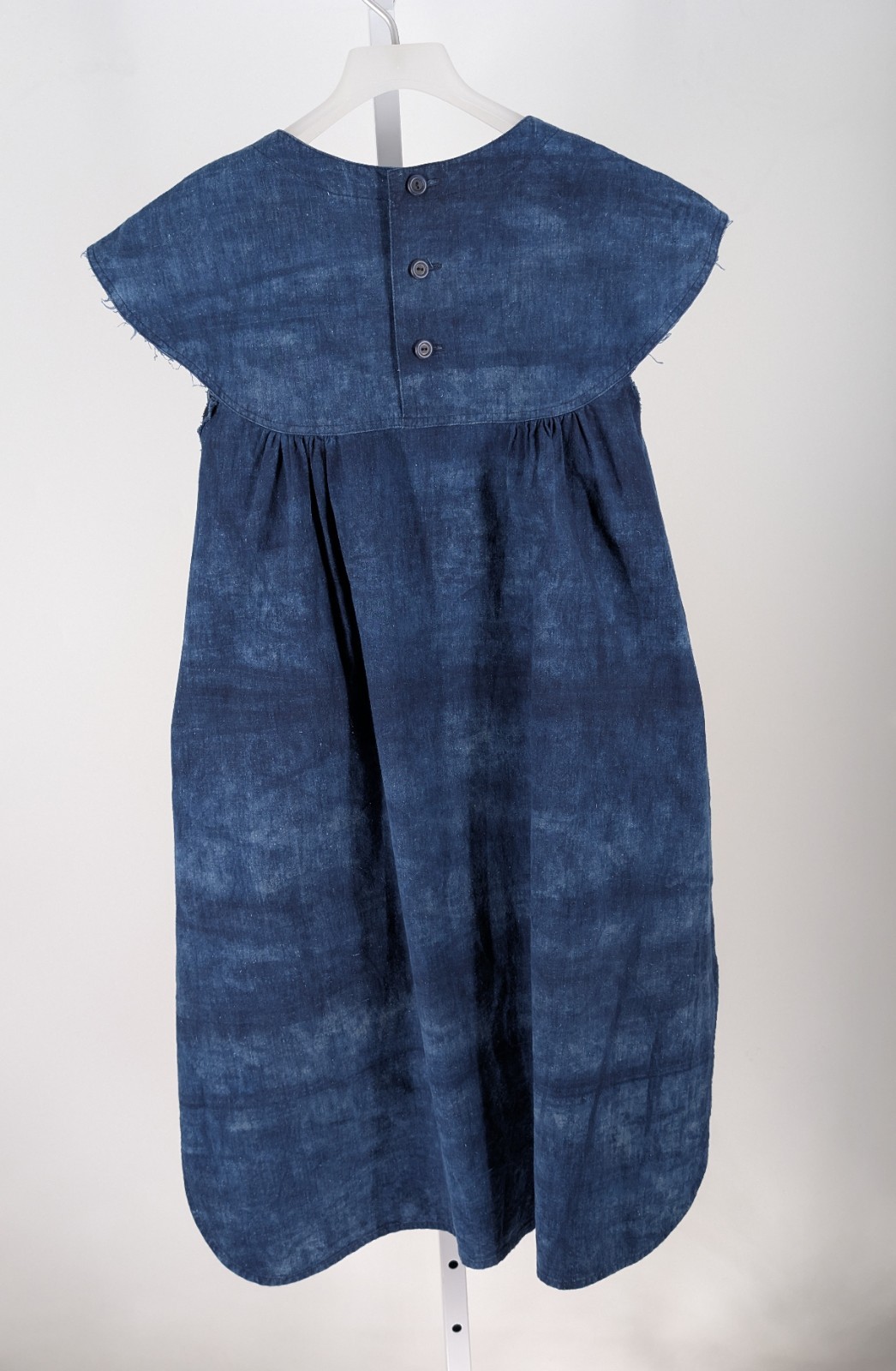 1990s Vintage Watanabe Jiyugaoka Indigo Cotton Smock Dress Japan Boro Raw Hem