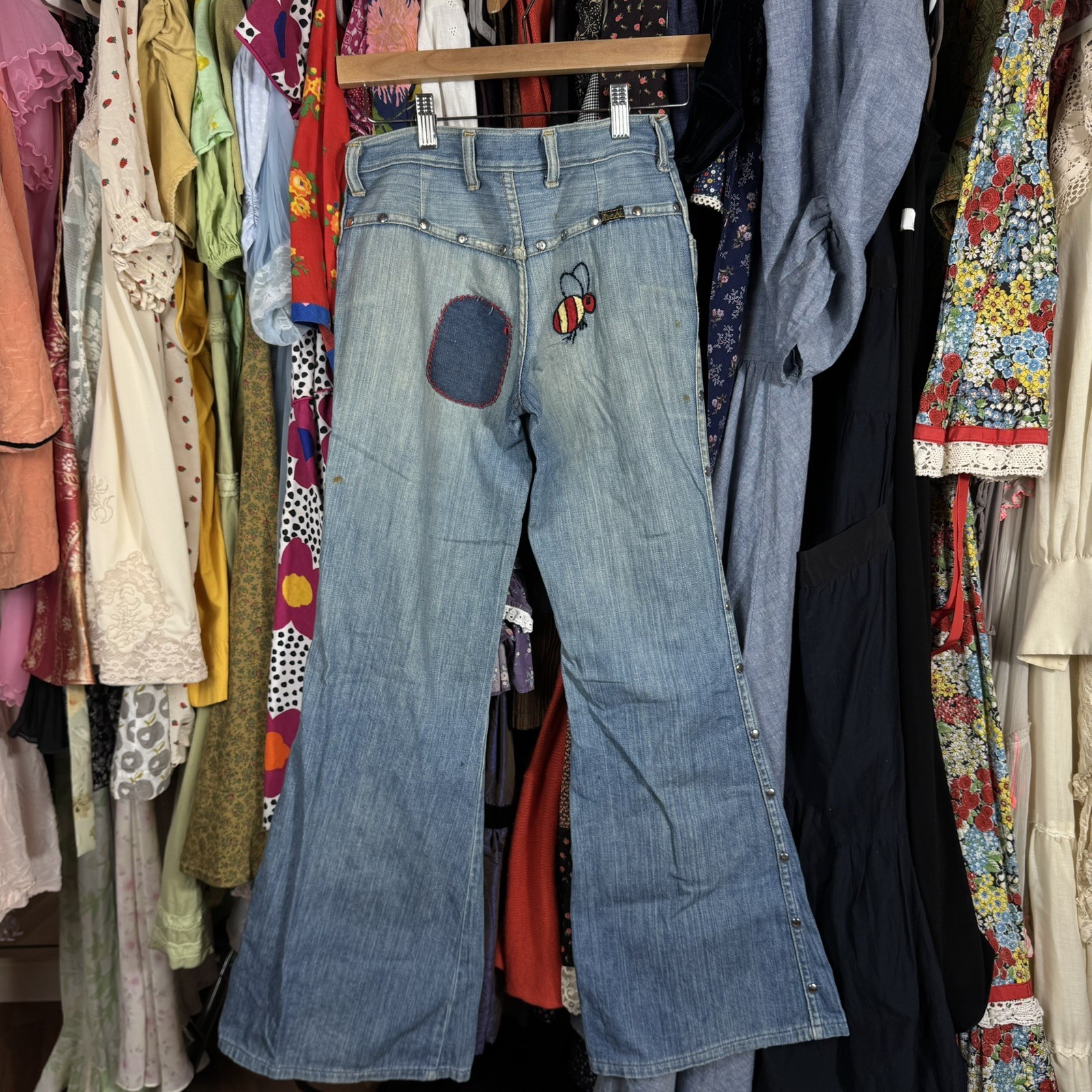 True Vintage 60s 70s Wrangler Bell Bottoms Ladybug Patched Denim Jeans 27×30