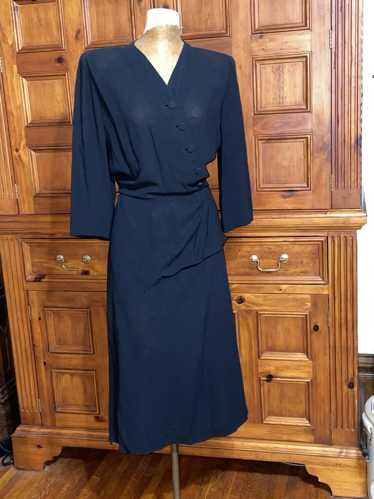 Vintage 40’s Design By Adele Simpson Black Crepe Dress w/Peplum WW2 Era 29w