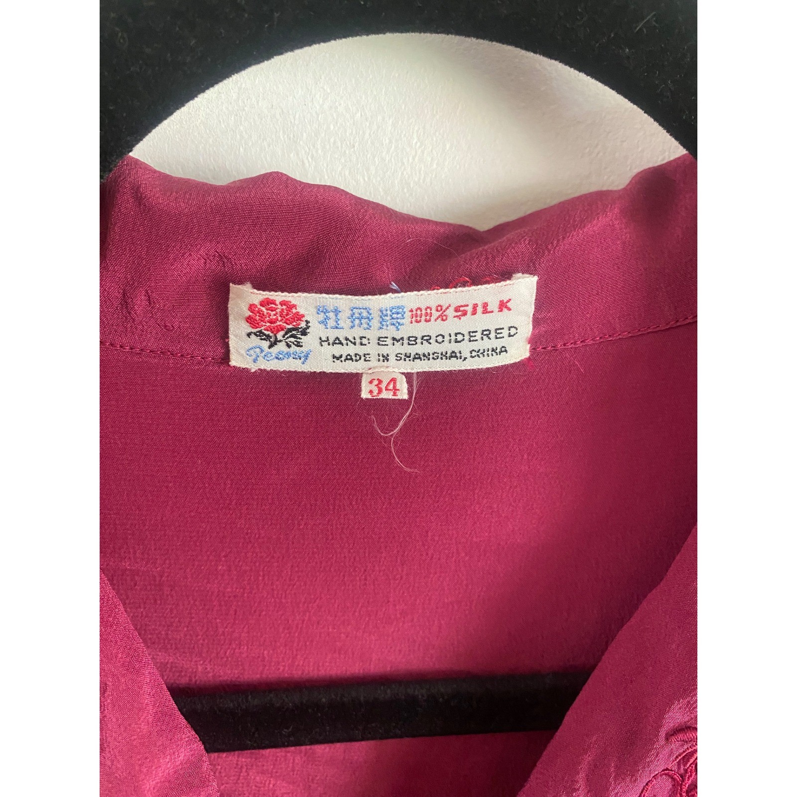 Peony Vintage 100% Silk Hand Embroidered Blouse Magenta Pink Floral Cutout Sz 34