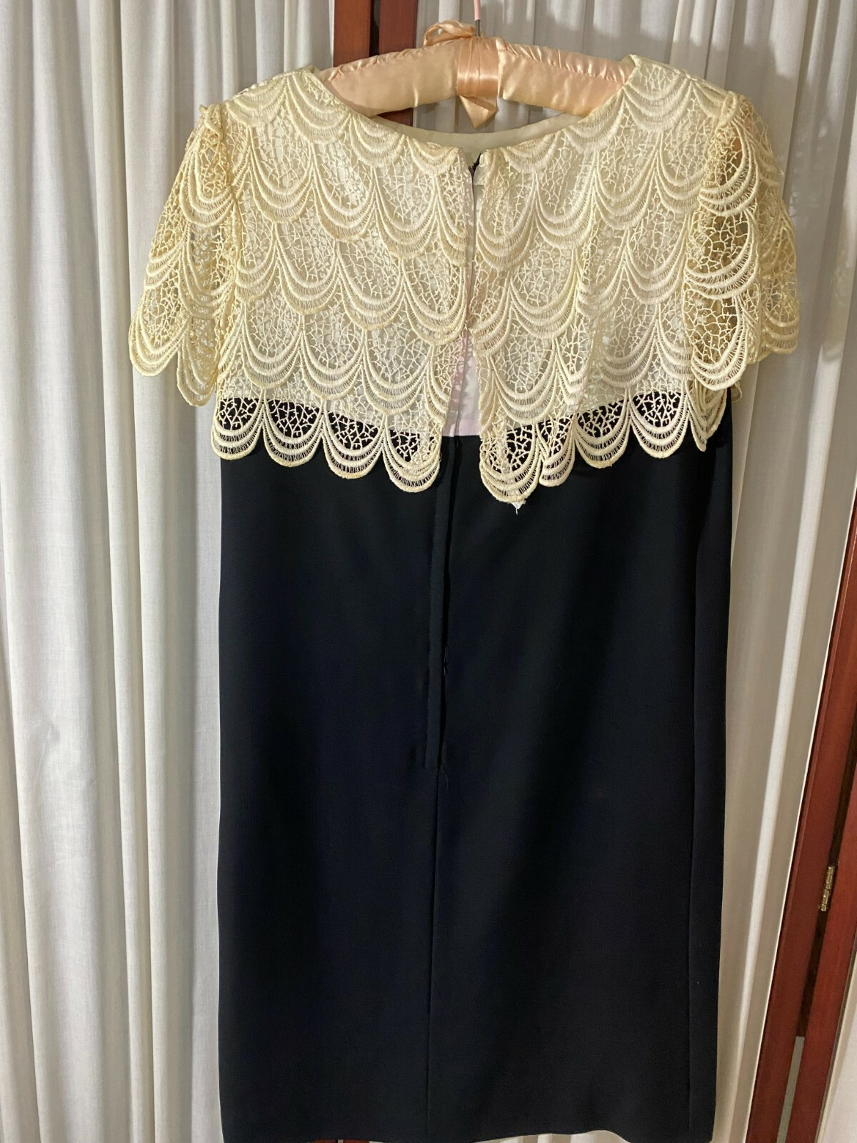 1950’s Cocktail Dress-M-Shift Style-Black Rayon w/Cream Lace -VG-CLASSY- SALE