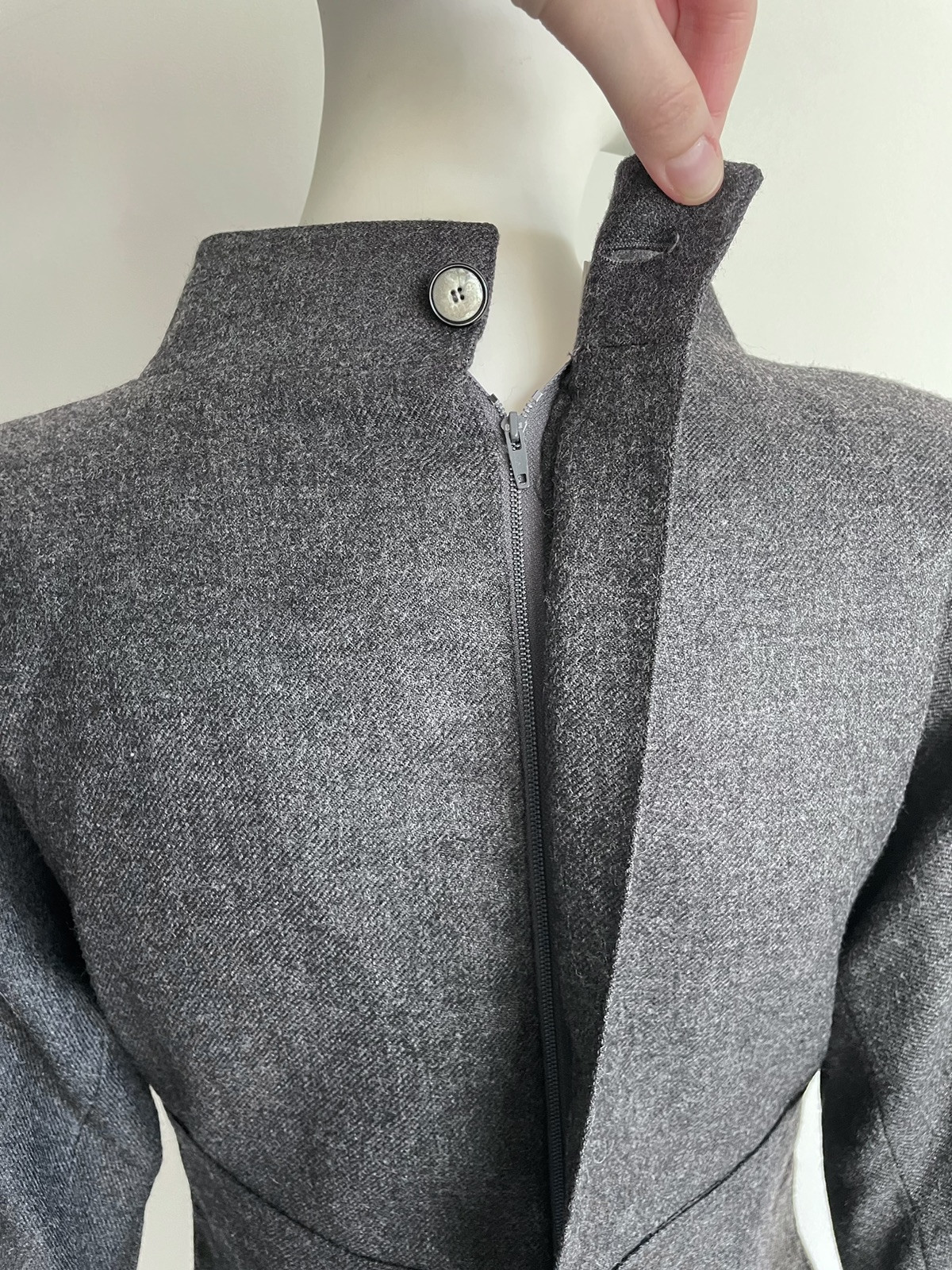 Vintage 1980s Chloe Gray Wool Dress Cross Front Buttons Shoulder Pads Size XS