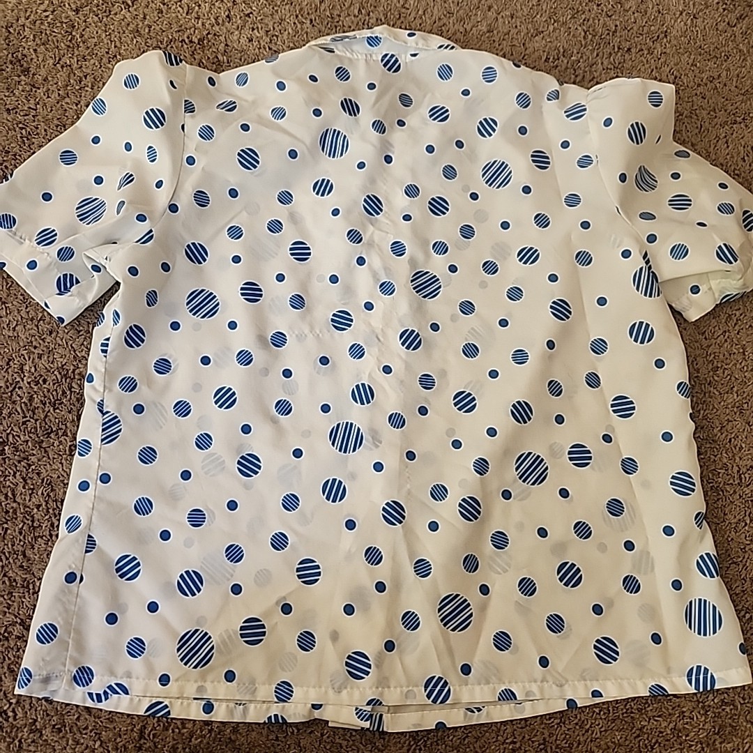 Vtg 70s Judy Bond Sheer Polka Dot Short Sleeve Blouse Dopamine Bright Button-Up