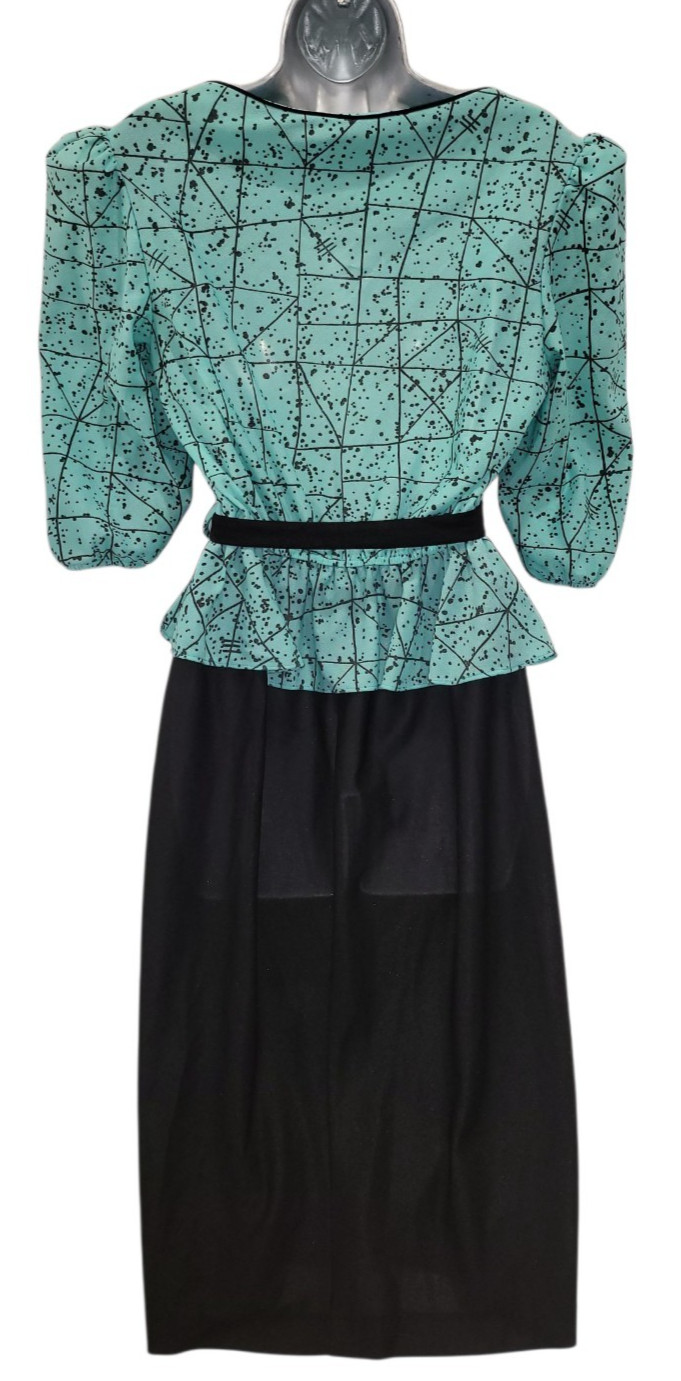 Vtg 80s KR of NY Awesome MINT GREEN BLACK GEO Print Top Black Skirt BOW Dress 16