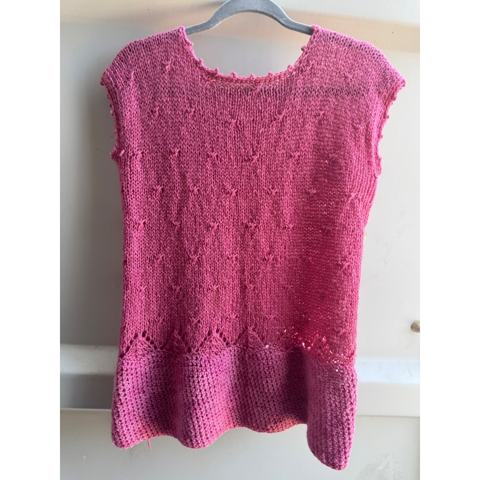 Vintage Handmade Knit Top Magenta Pink Sleeveless Pointelle Artisanal Boho