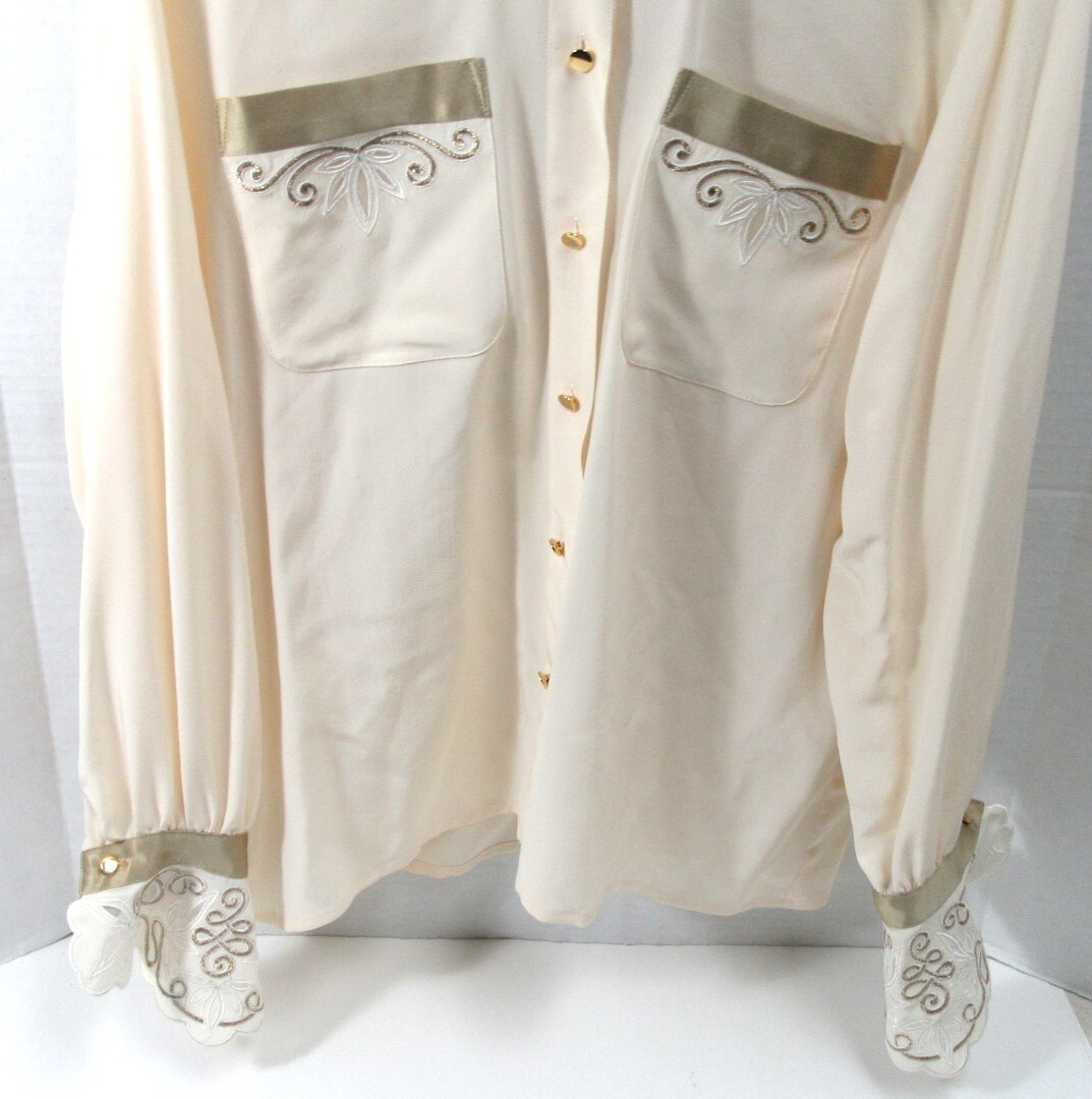 VINTAGE SUZELLE BUTTON DOWN SILK BLOUSE EMBROIDERED COLLAR/WRISTS SIZE 6 W/ TAG!
