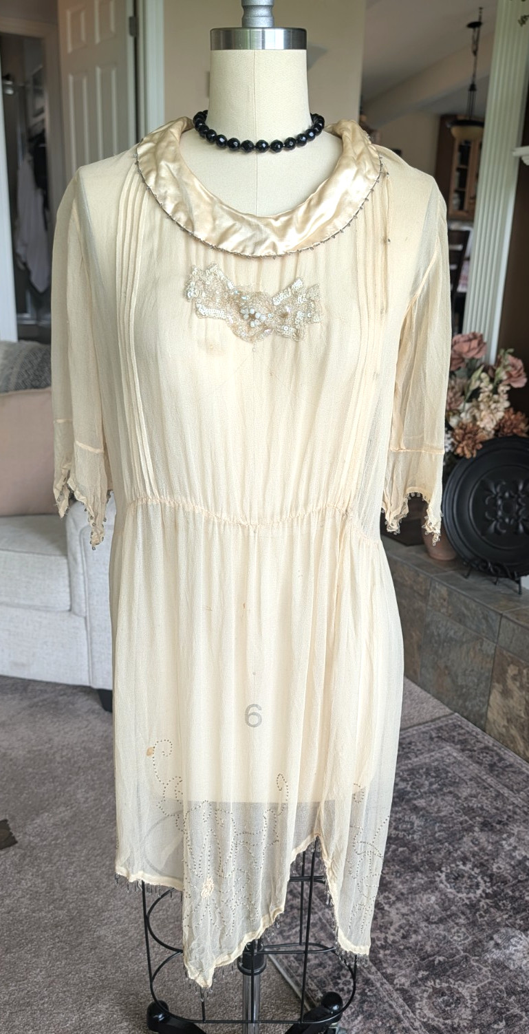 Antique 1920s silk beaded sheer dress beige flapper 40″ bust bead trim
