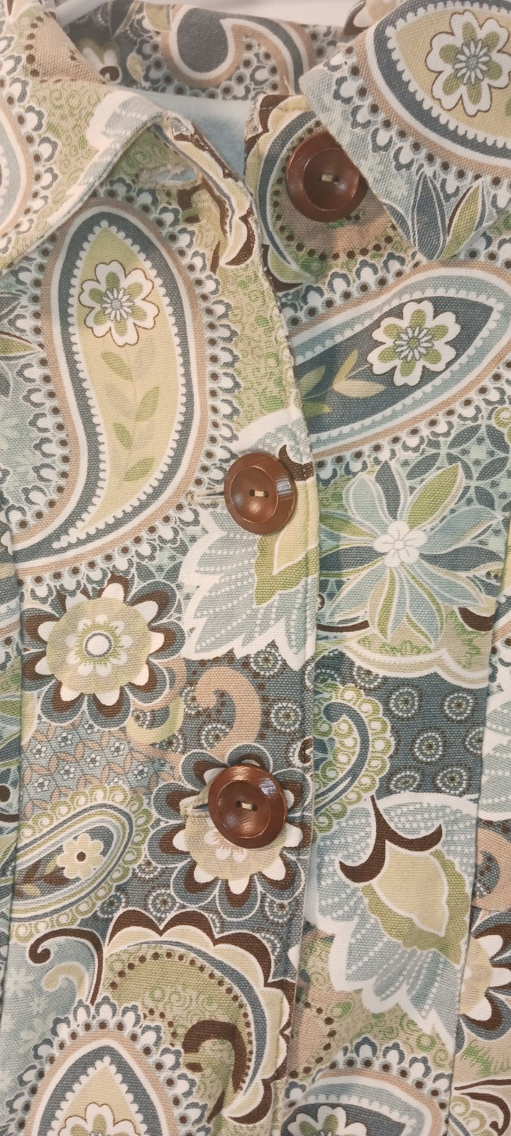 Paisley Blue Yellow Green Long Sleeve Mid Length Canvas Fabric Vintage Coat