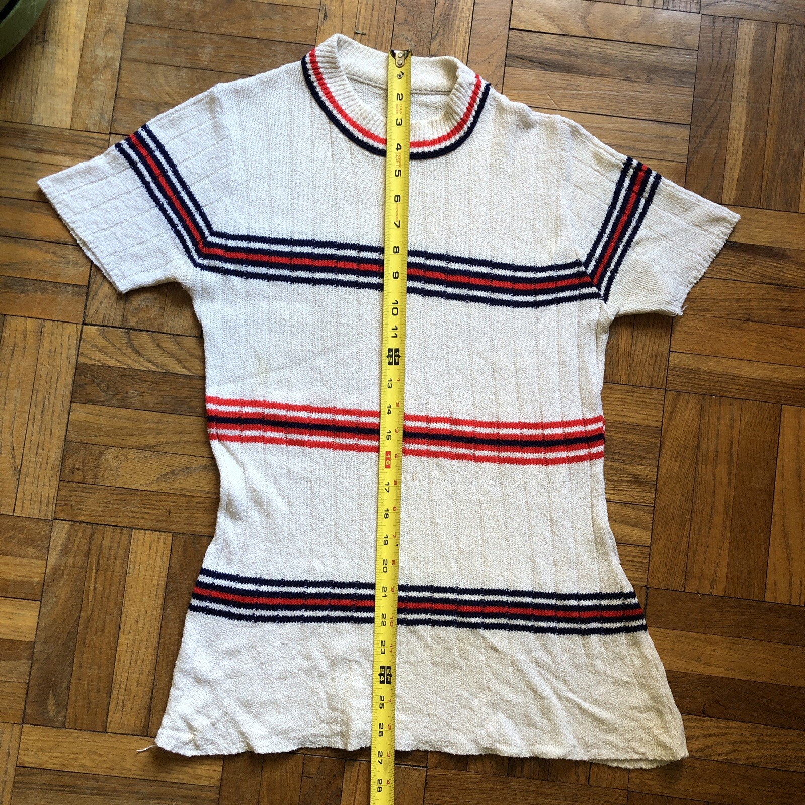 VINTAGE 1960s shirt striped knit short sleeve white red blue size S/M