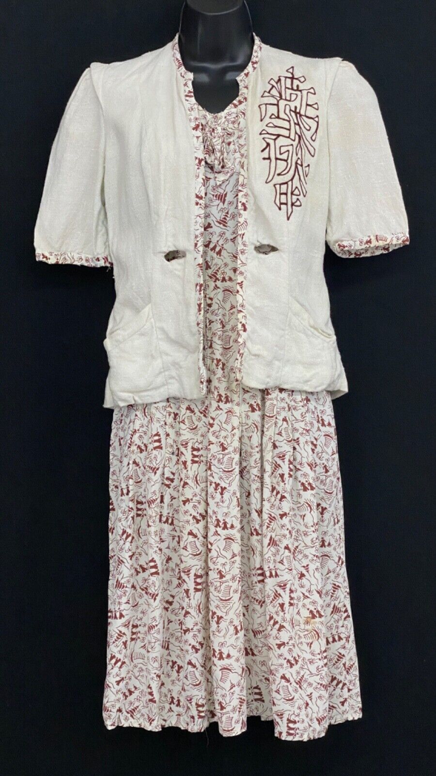 Vintage 1940s novelty print dress set, white brown rayon linen embroidered XS